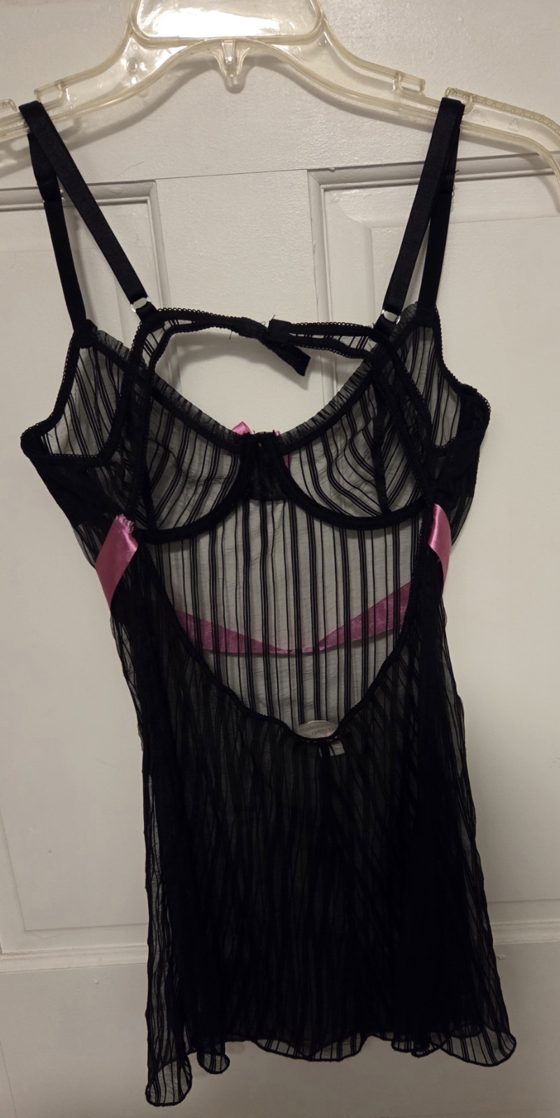Vintage Y2K Elegant Moments Black Mesh Lingerie Pink Ribbon & Bow *Size L* EUC