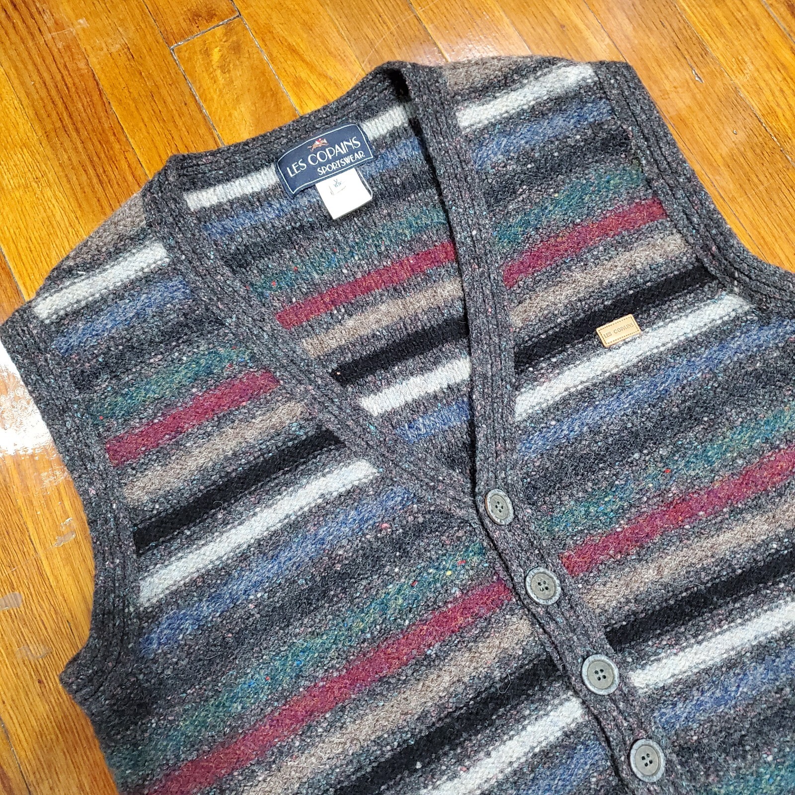 VTG Les Copains Sportswear Striped Oversized Wool Silk Cardigan Vest Sz 52 Rare