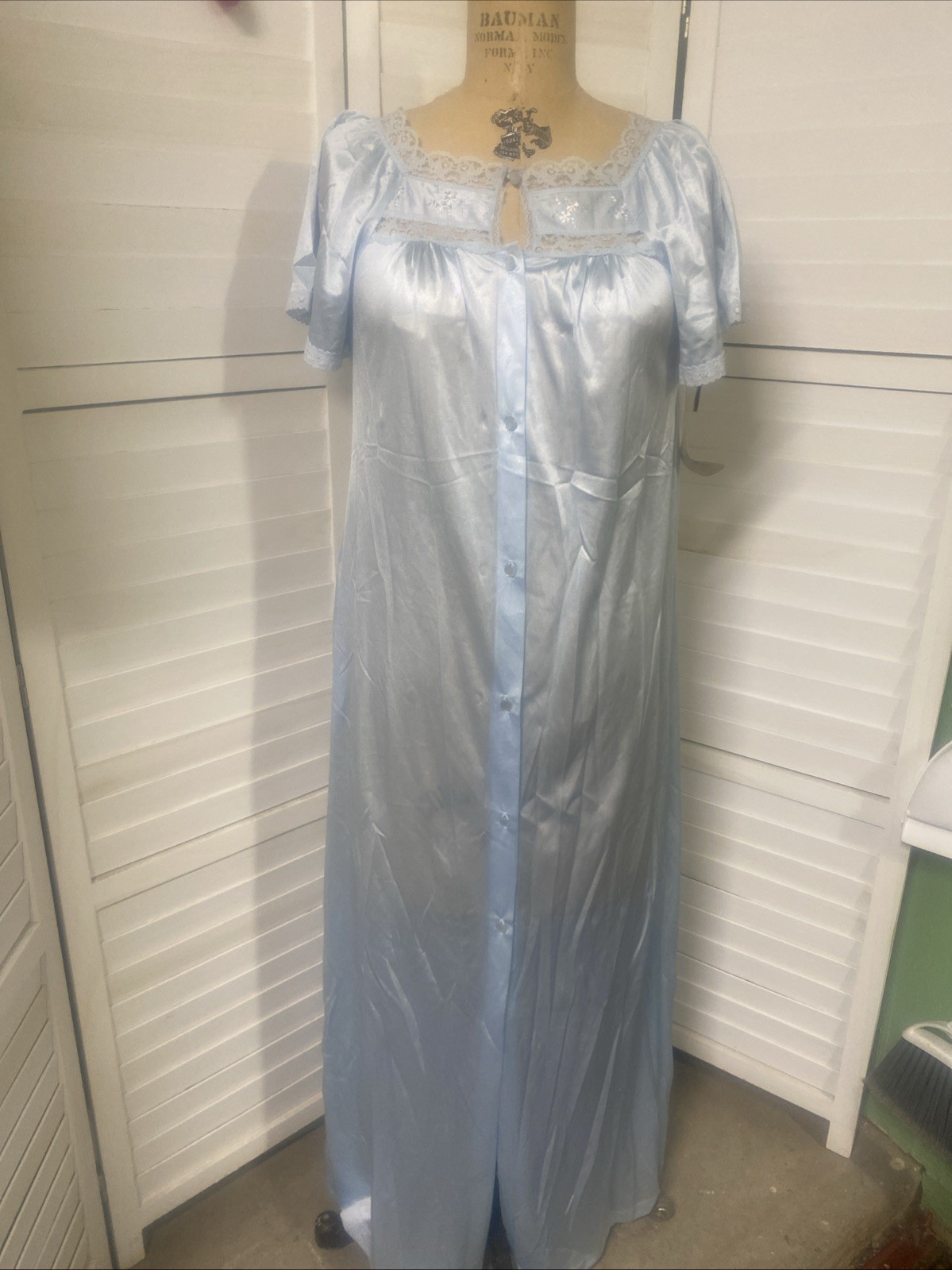 NWT Texsheen Lingerie Blue Maxi Nightgown Nylon Old Hollywood Peignoir Sz Small