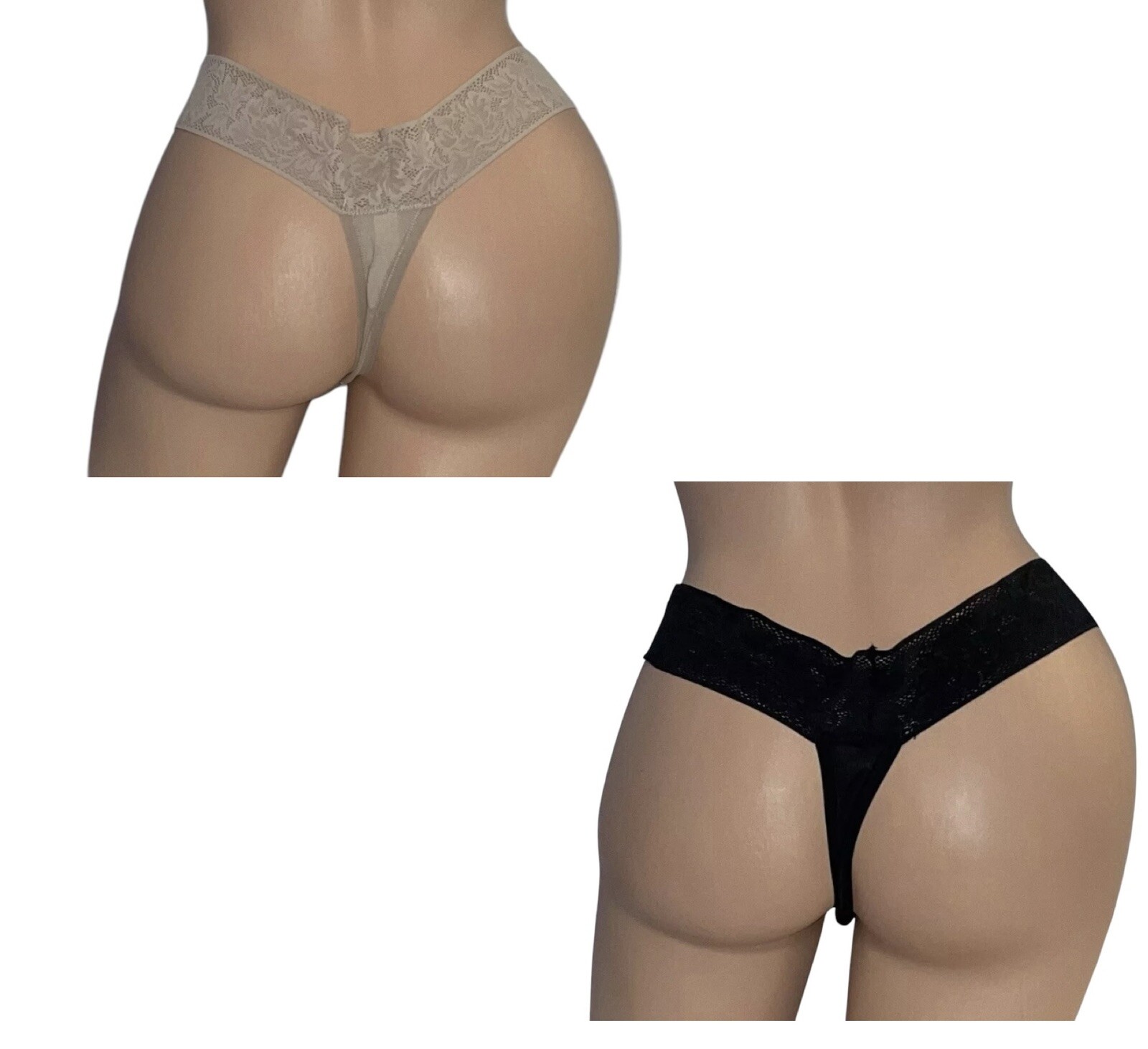 Lot of 2 Joyspun Beige & Black Super Soft High Rise Thong Panties M 8-10 NOS