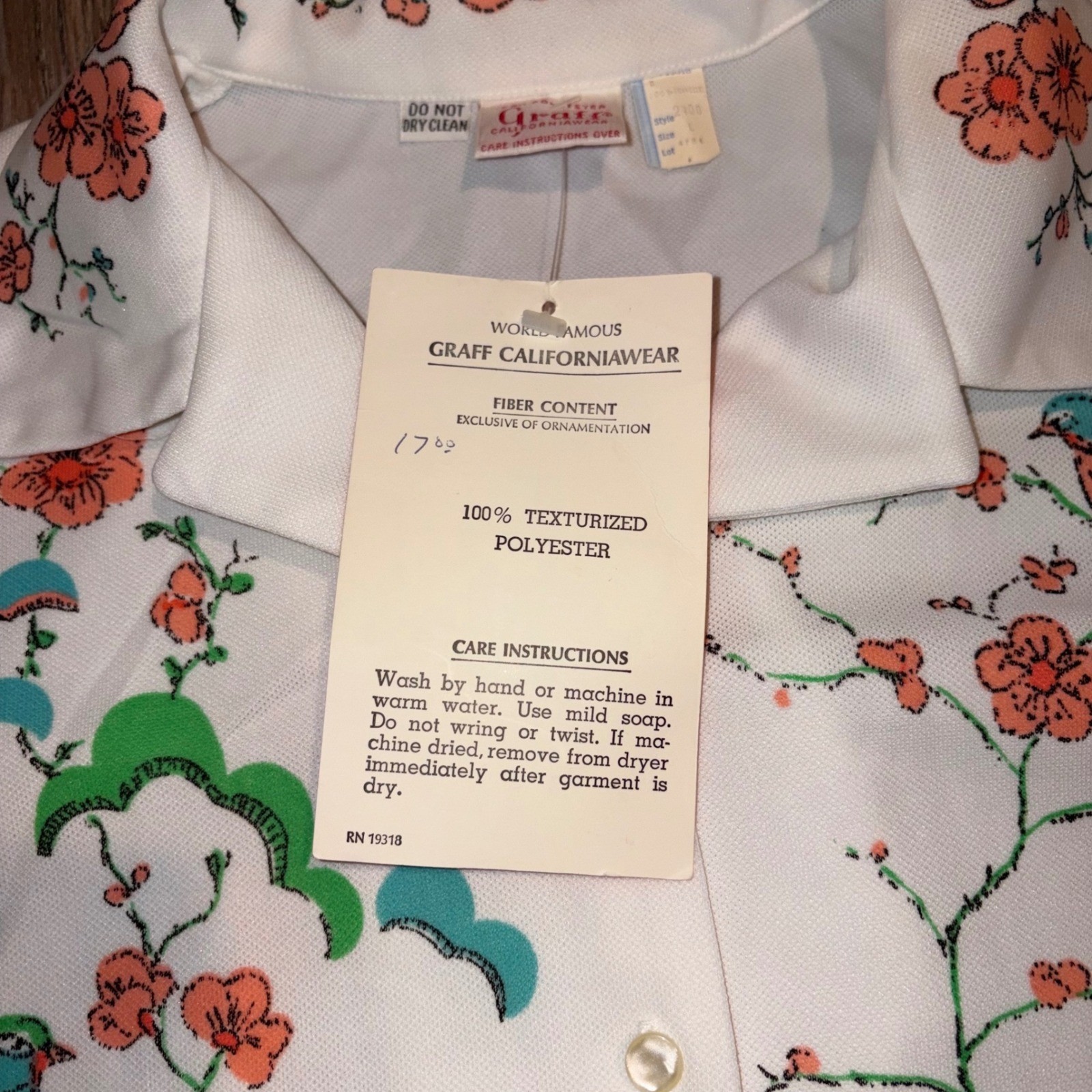 NWT Vintage Graff Californiawear Floral Bird Chinoiserie Button Up Top Large