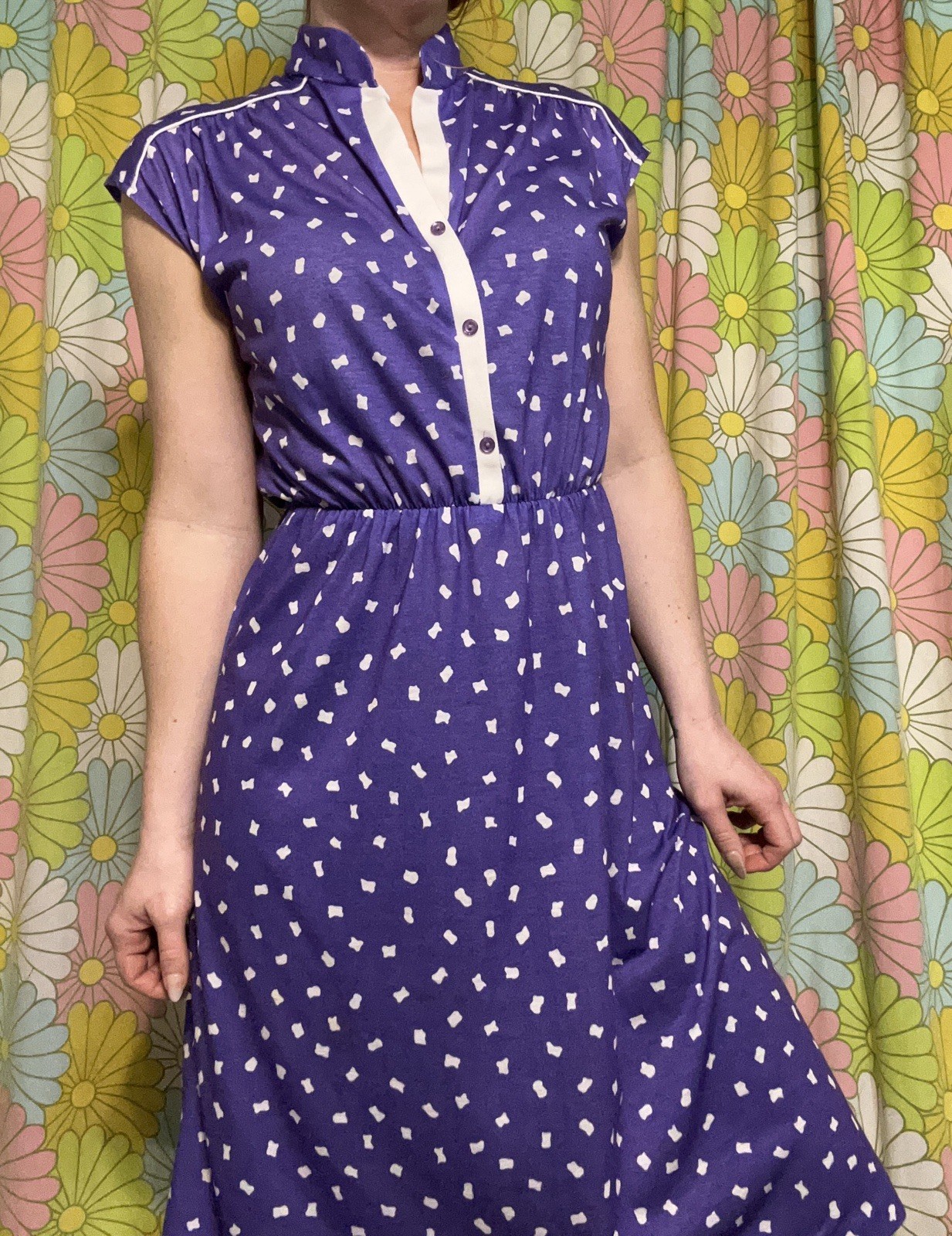 Vtg Shirtwaist Midi Day Dress Geo Dot Print Purple Retro Rockabilly Mod UNION MD