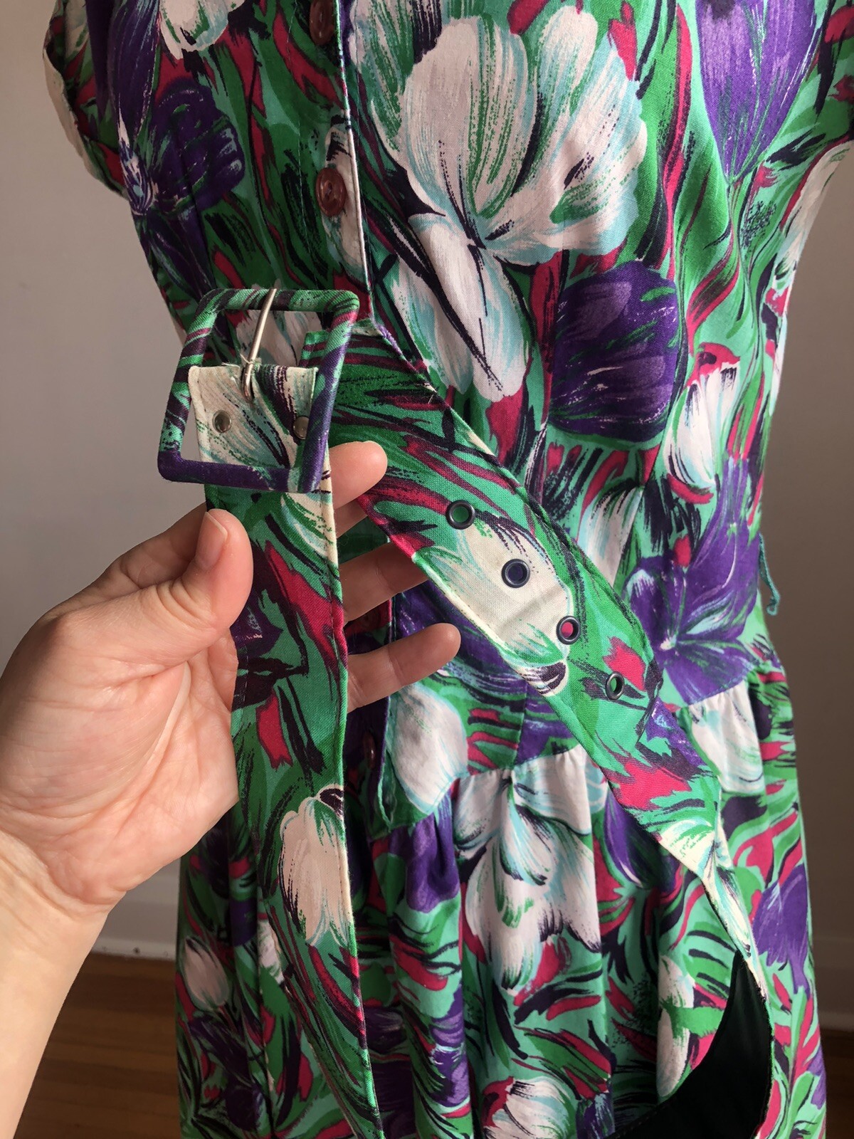 STUNNING VTG S.L. PETITES Floral 100% Cotton Belted Dress SZ XS/S