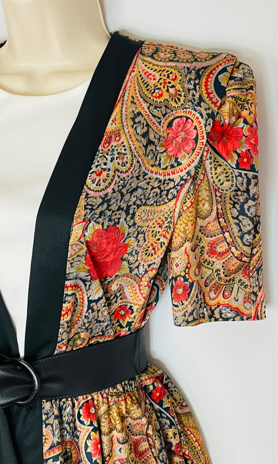 Vintage 1980s red floral peplum dress, 1940s style short sleeve midi black suit