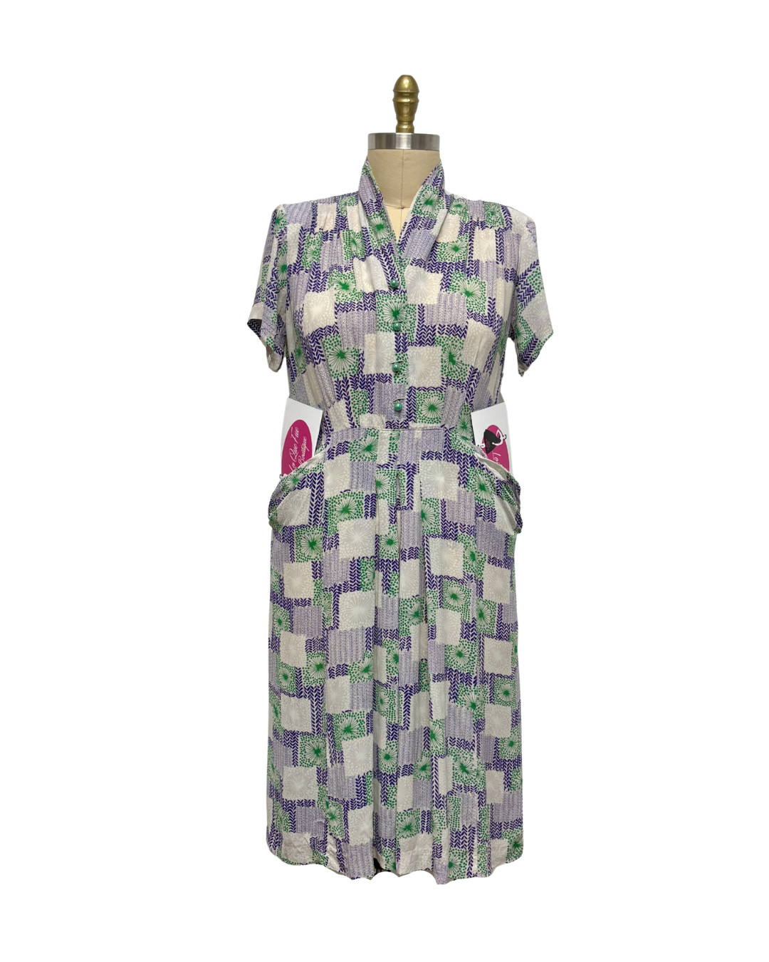 1950s PLUS SIZE PURPLE & GREEN RAYON | VOLUP 1950s PURPLE & WHITE PRINT DRESS