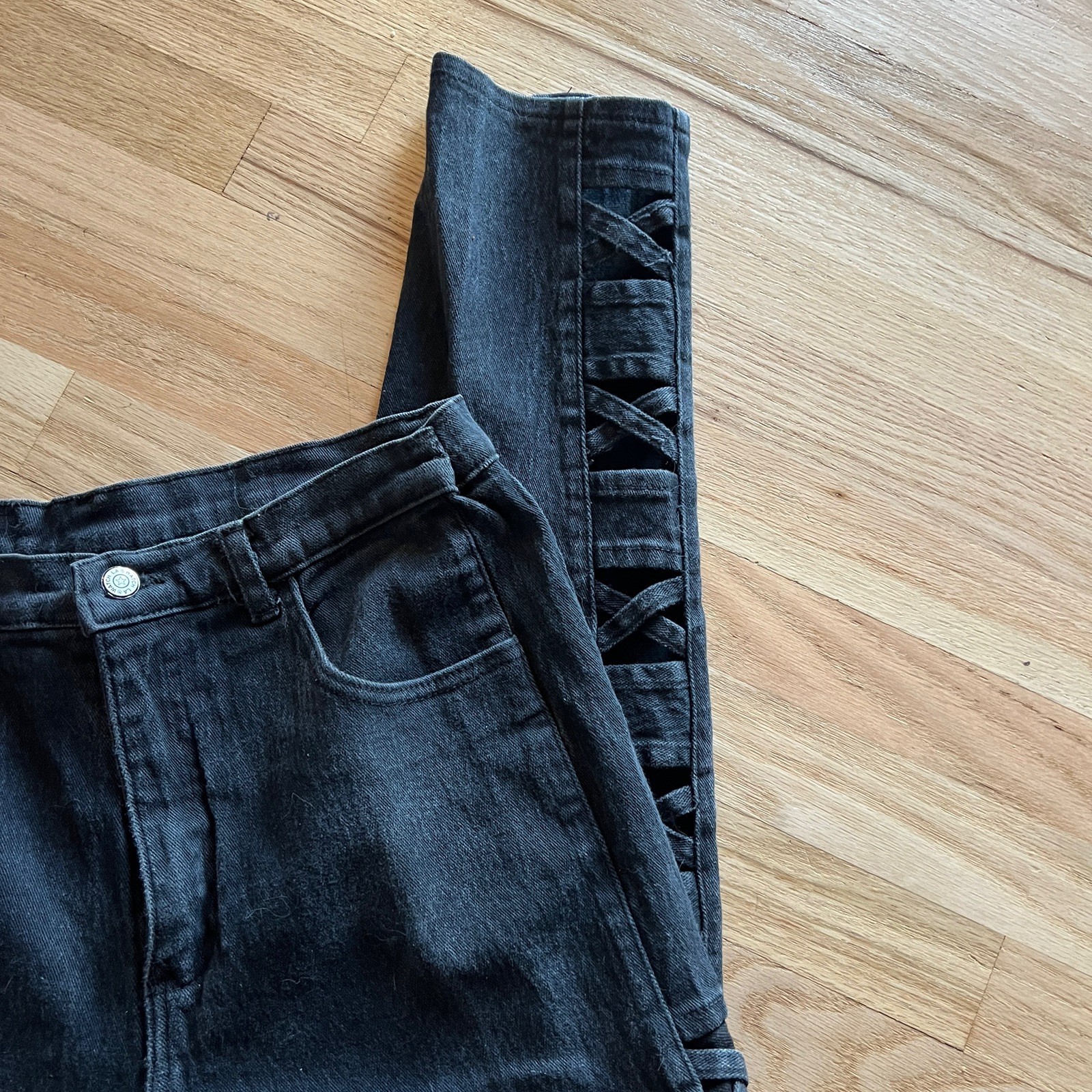vintage 90s criss cross side lace vintage black jeans Watch LA size 19/20 USA