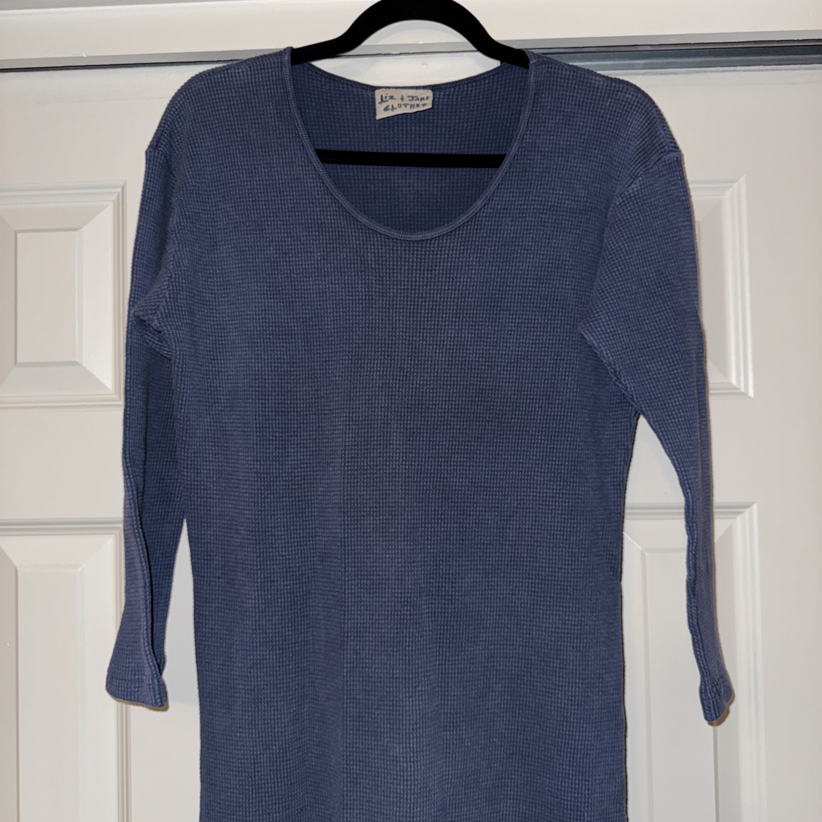 Liz & Jane Indigo Blue Cotton Maxi Dress MEDIUM waffle style long sleeves Y2K