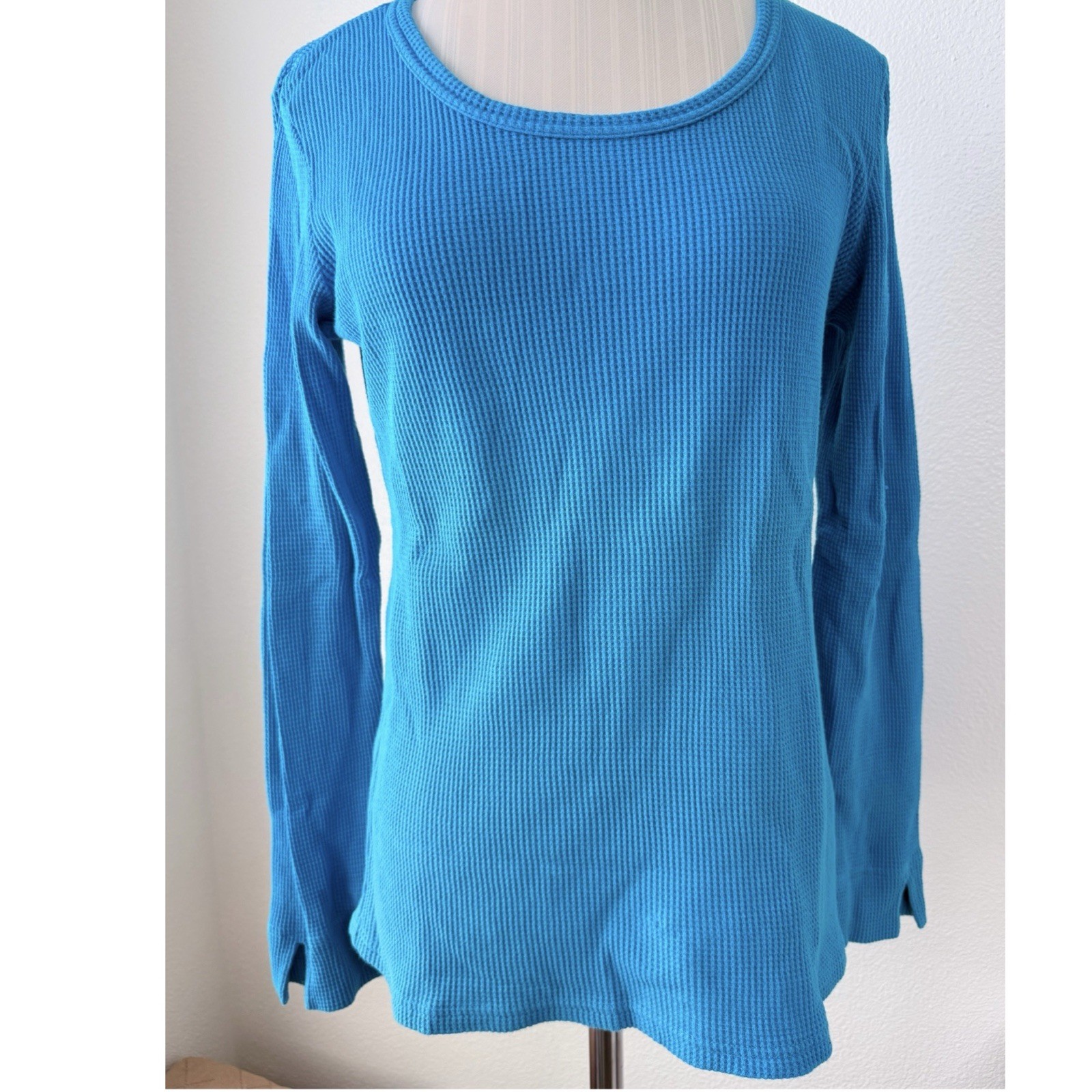 Vintage Christine Alexander Teal Blue Thermal Waffle Knit Top Cotton Medium