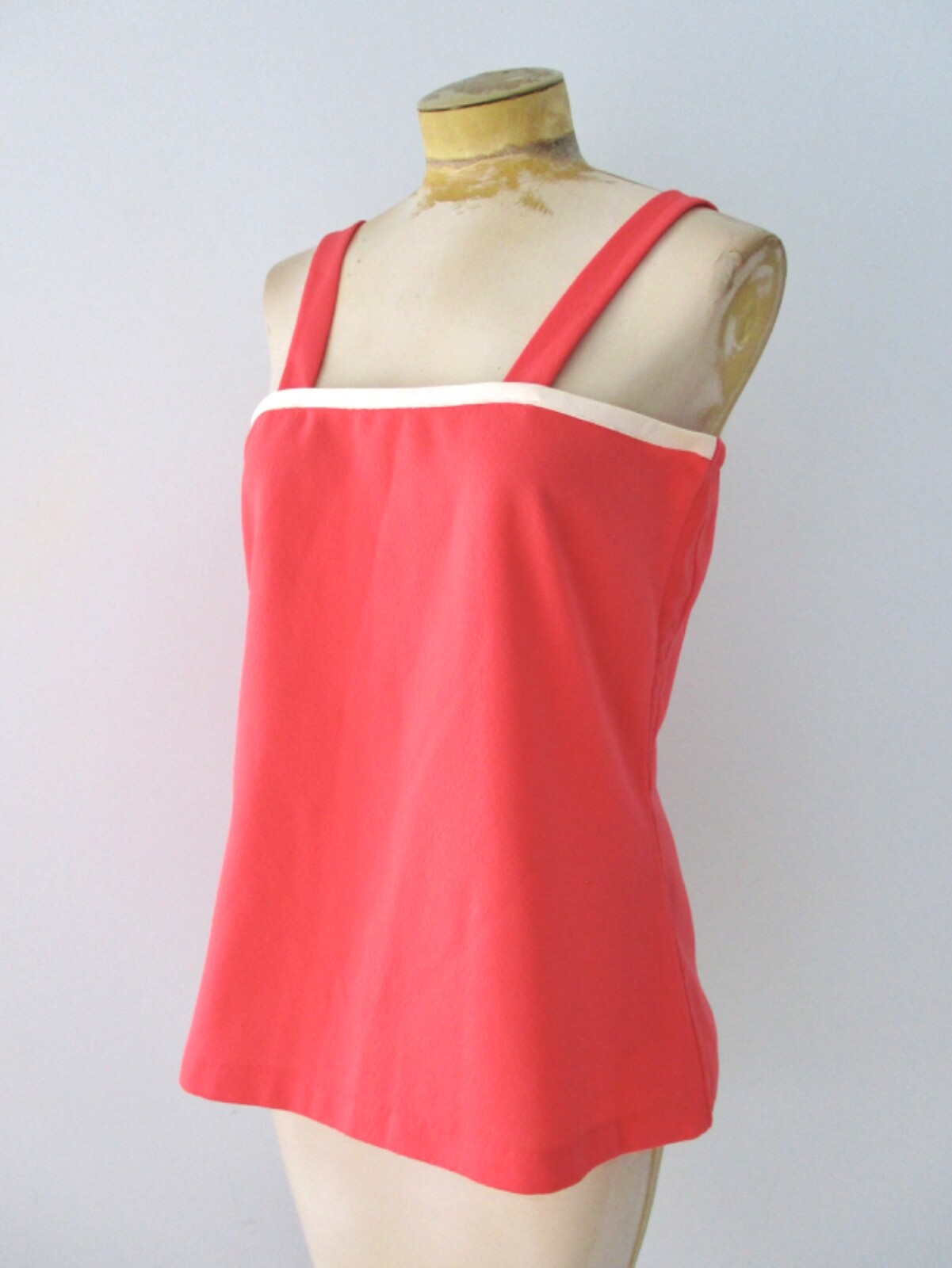 Vtg 60s 70s Mod Aldens Coral Pink Textured Poly Knit Boxy Pullover Tank Top 16