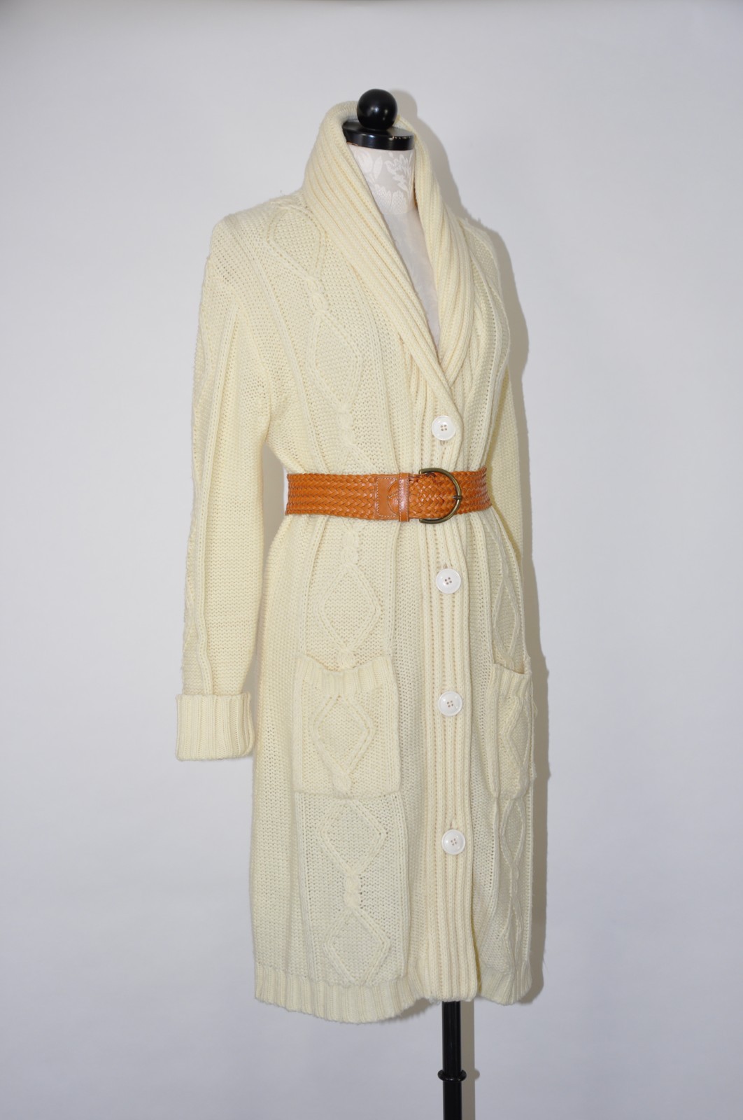 70s Cream Fisherman Cable Knit Shawl Duster Long Cardigan Sweater Coat Women M L