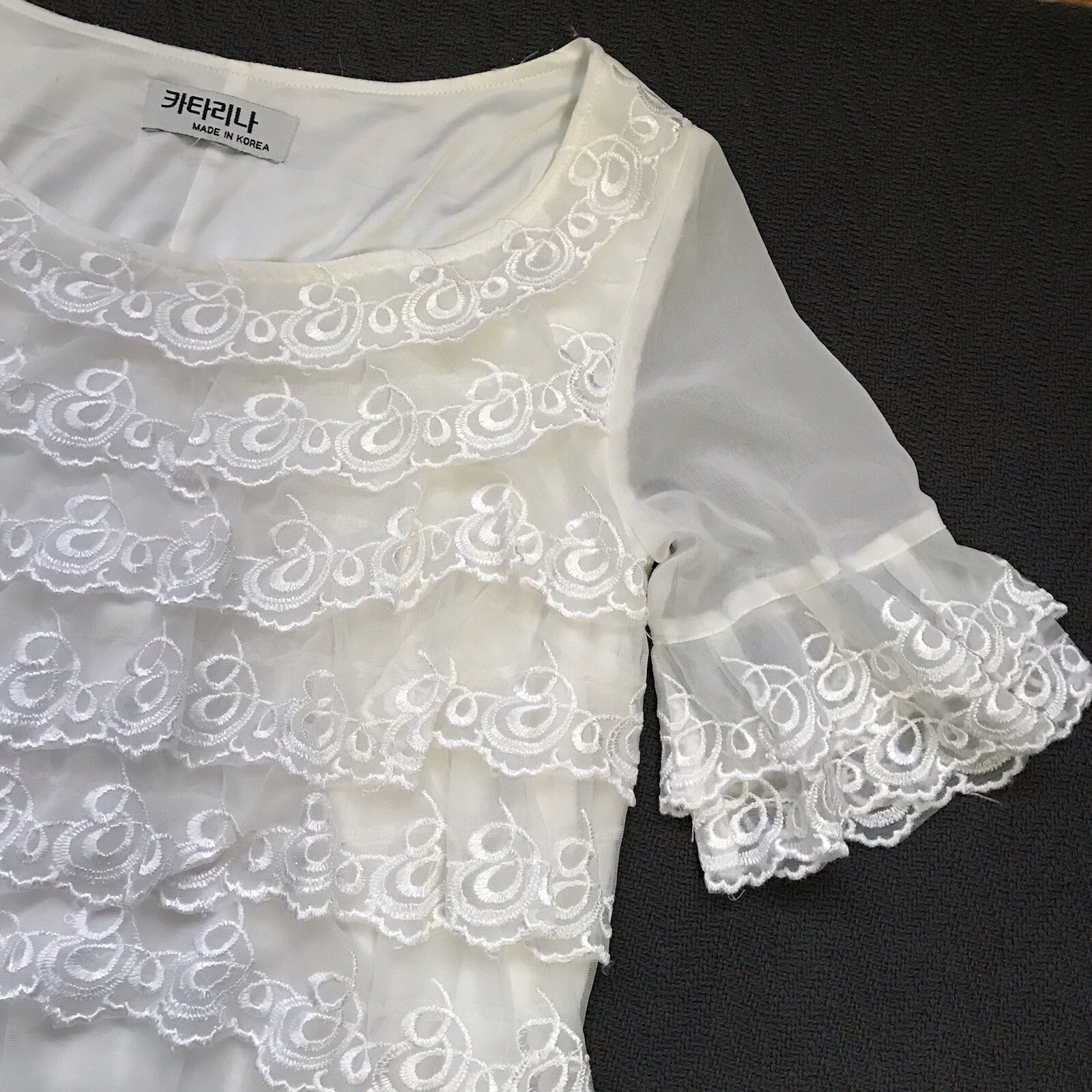 VTG Korean Mini Dress or Blouse White Embroidered Lace Princess Style Size XS S
