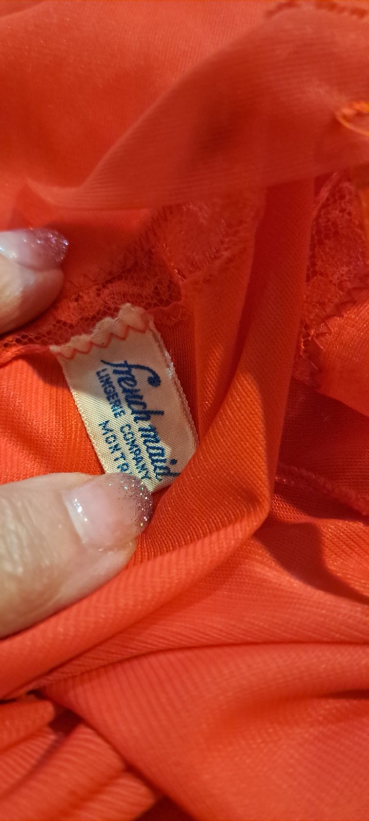 60s Vintage Red Nylon Full Slip Dress Nice Lace Great French Made Lingerie 34