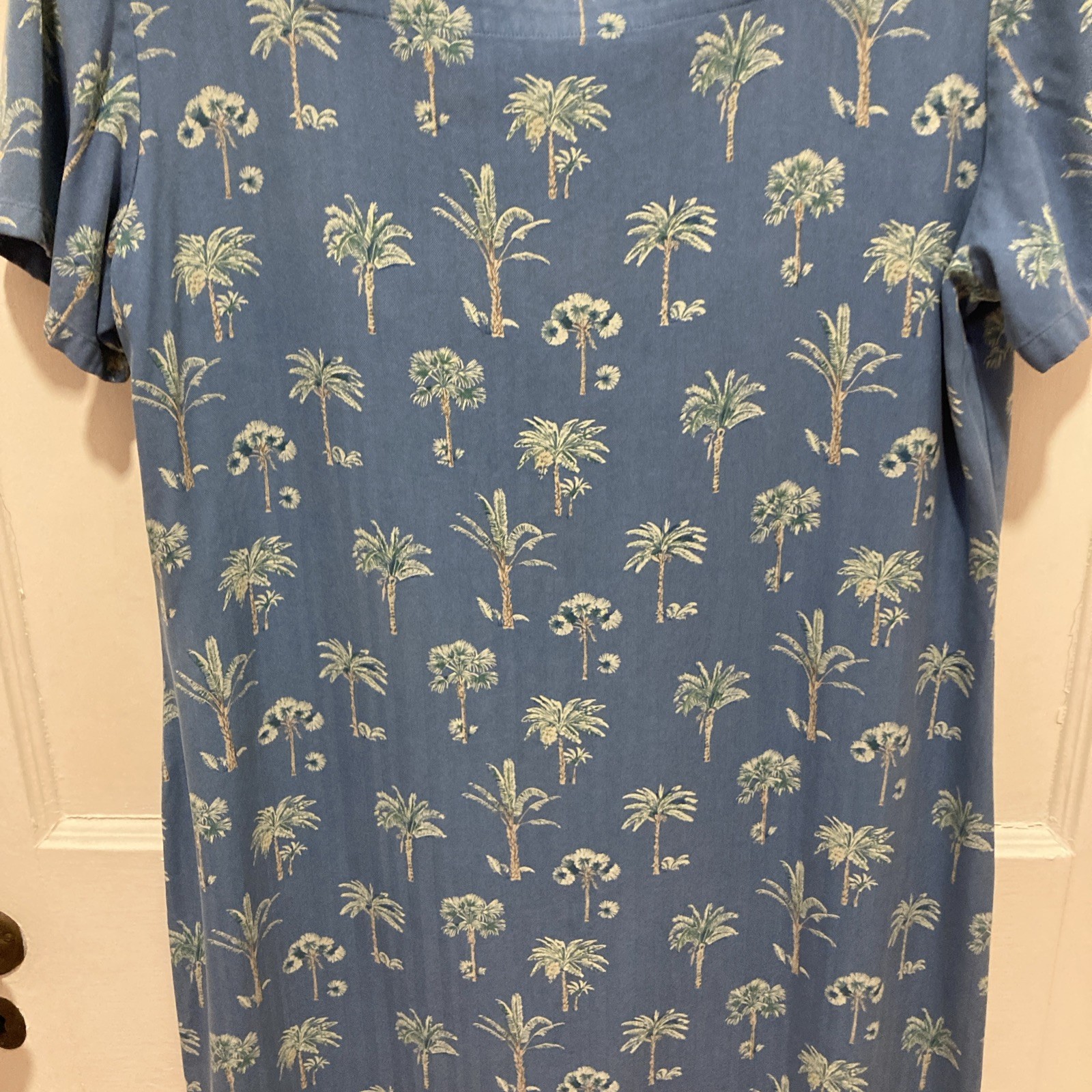 Rum Runner Hawaiian Silk Maxi Tiki Dress M-L Blue Green Tropic Palm Tree Vintage