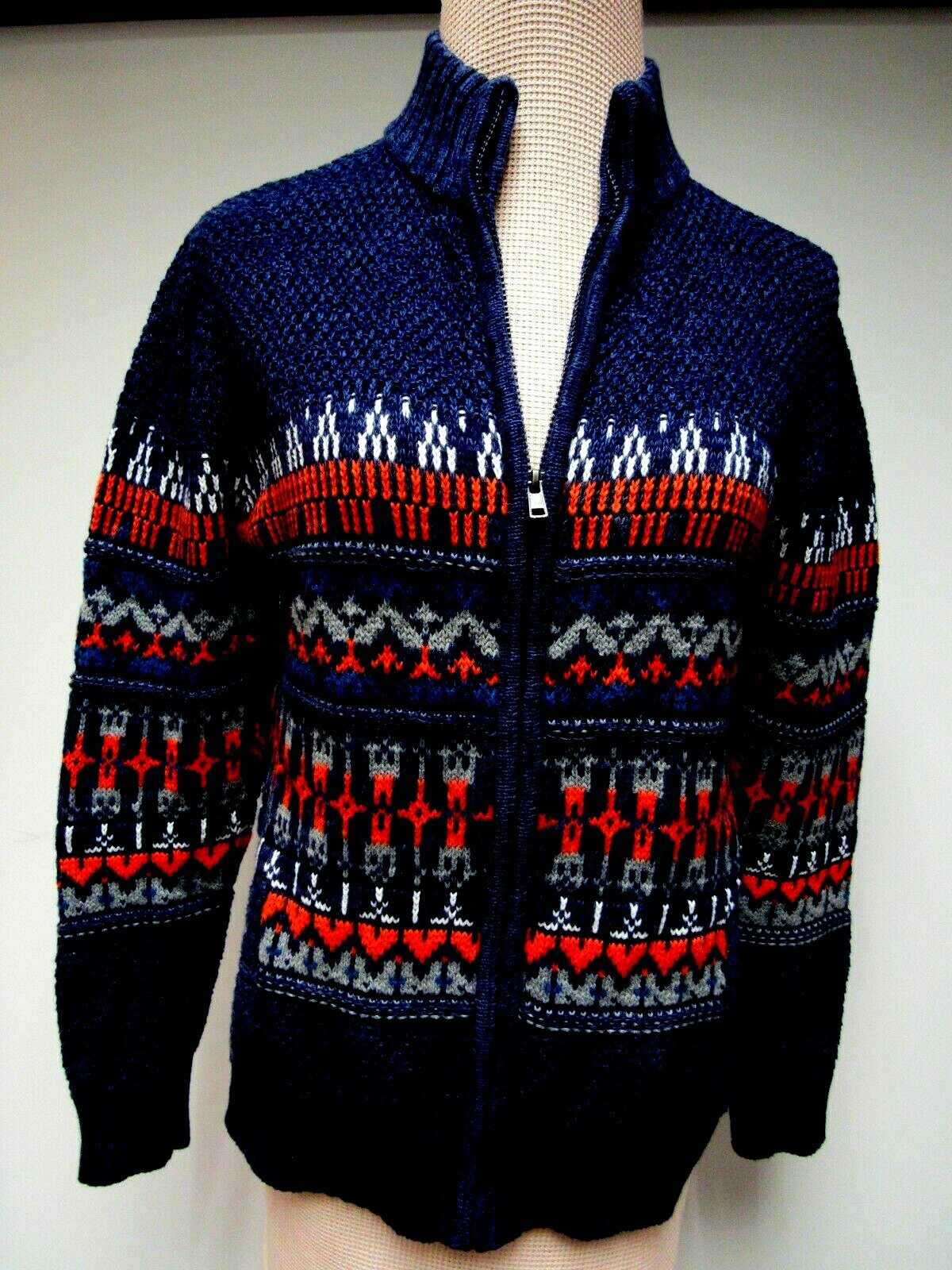 VTG CHEROKEE Cotton Knit Sweater Cardigan Top Geo Orange Gray Navy Blue L EUC
