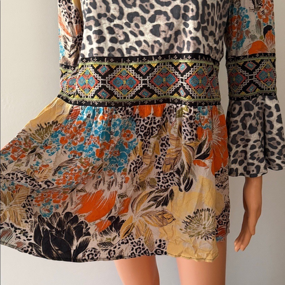 Y2K Sharon Young Leopard Peasant Fairy Floral Top Tunic Boho Vintage Boho M