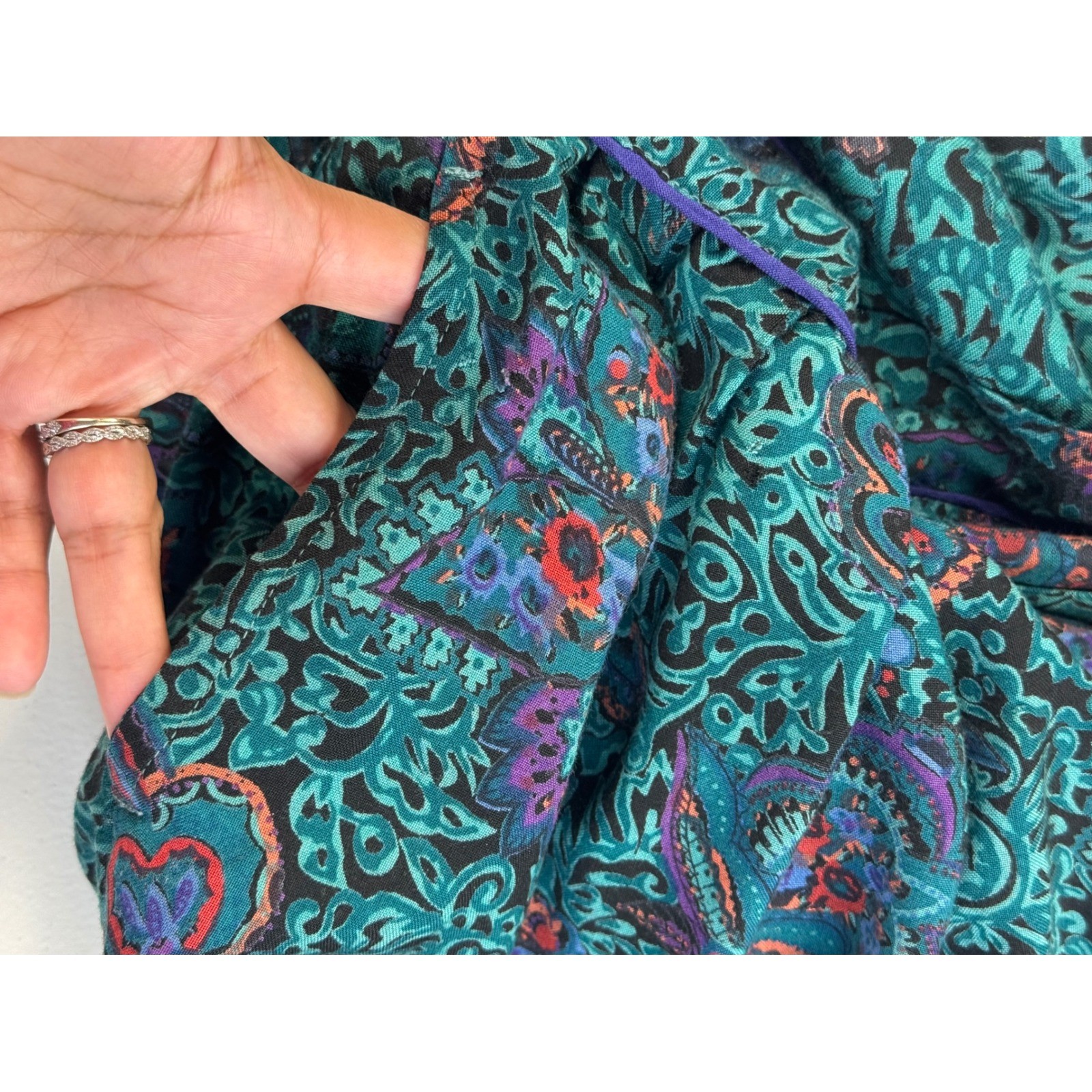 Vintage Phool Paisley Midi Dress Teal Purple Mock Neck Short Sleeve India M