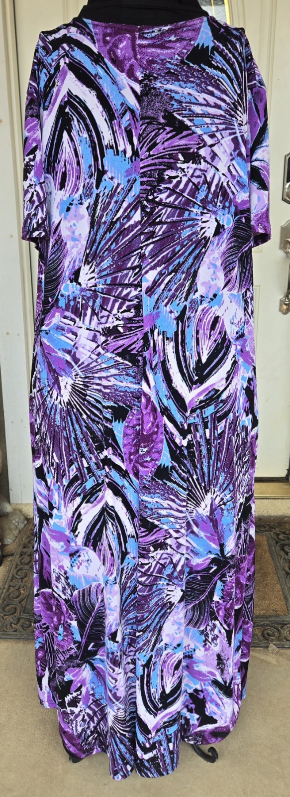 1980s JOSTAR Purple Black Blue Poly Spandex Abstract Floral Maxi Travel Dress L
