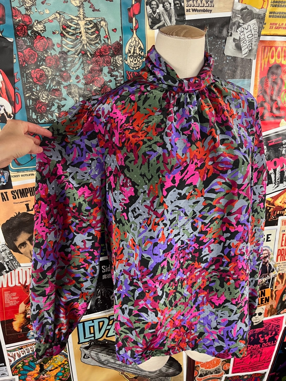 Vtg 90s Pink Multi-Color Abstract Print Long Sleeve Collared Blouse Top Medium