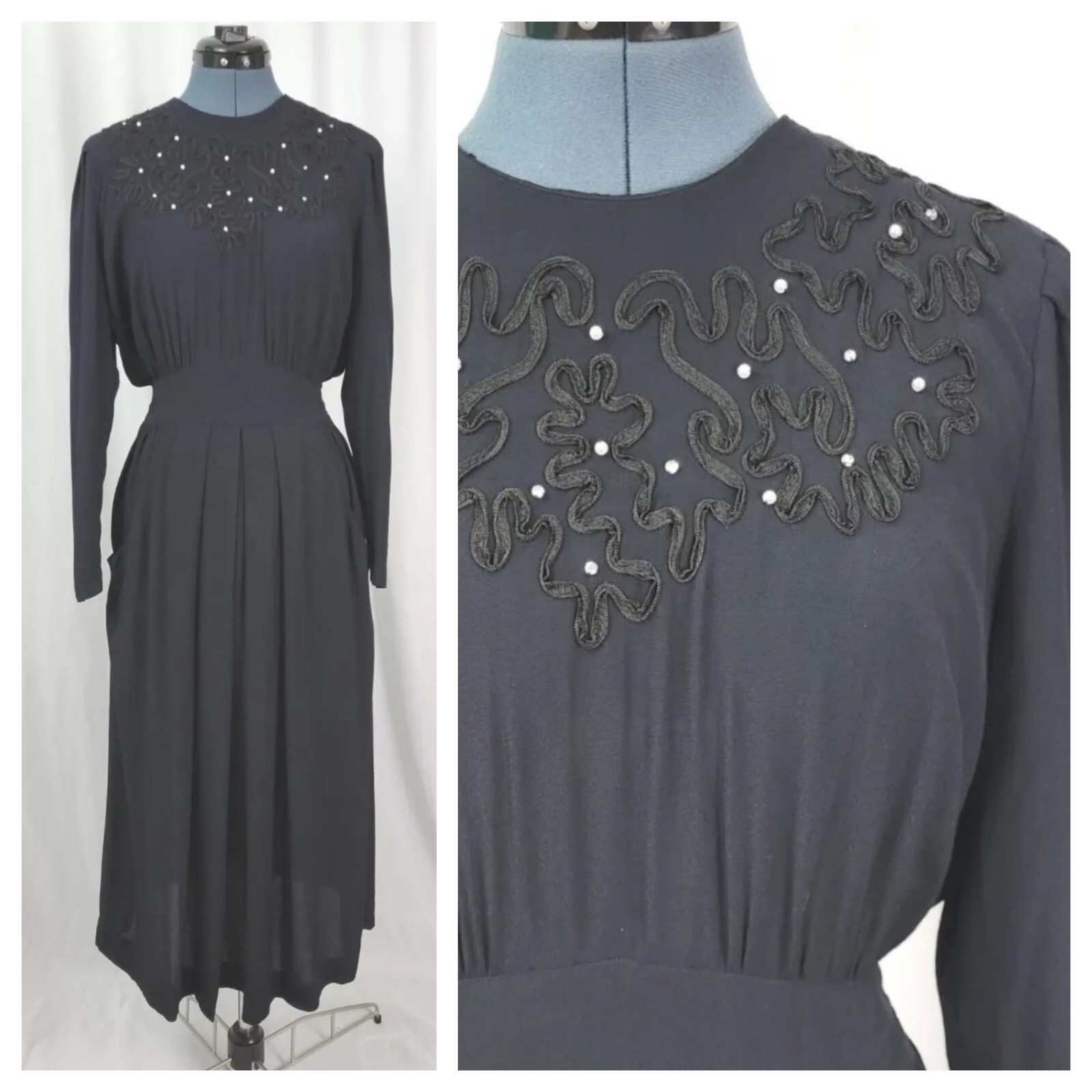 Vintage Karin Stevens Black Dress w Black Embroidery & Pearl Details Size 8