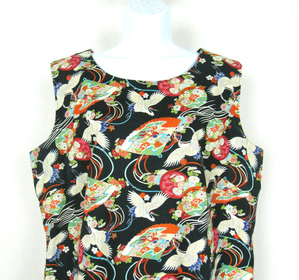 VTG 1960s 70s JAPANESE FLORAL DRESS FANS EGRETS SLEEVELESS ROPE BELT COTTON BLND