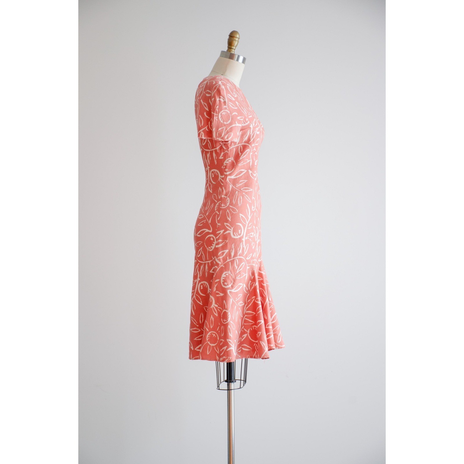 pink linen dress 80s vintage orange terra cotta fruit pattern mini dress