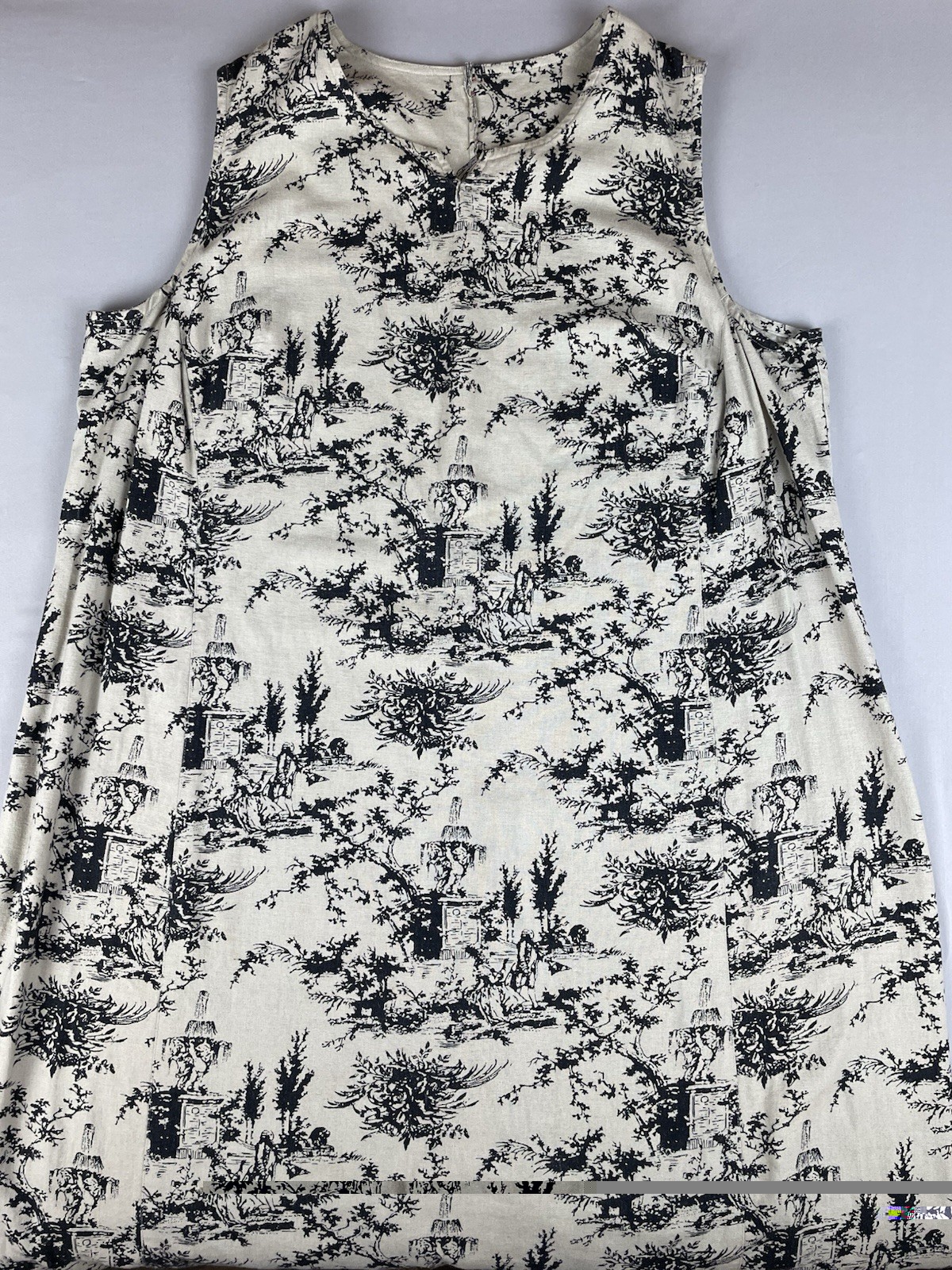Vintage David Meister Linen Blend Sheath Midi Dress XL Black Cream Toile Print