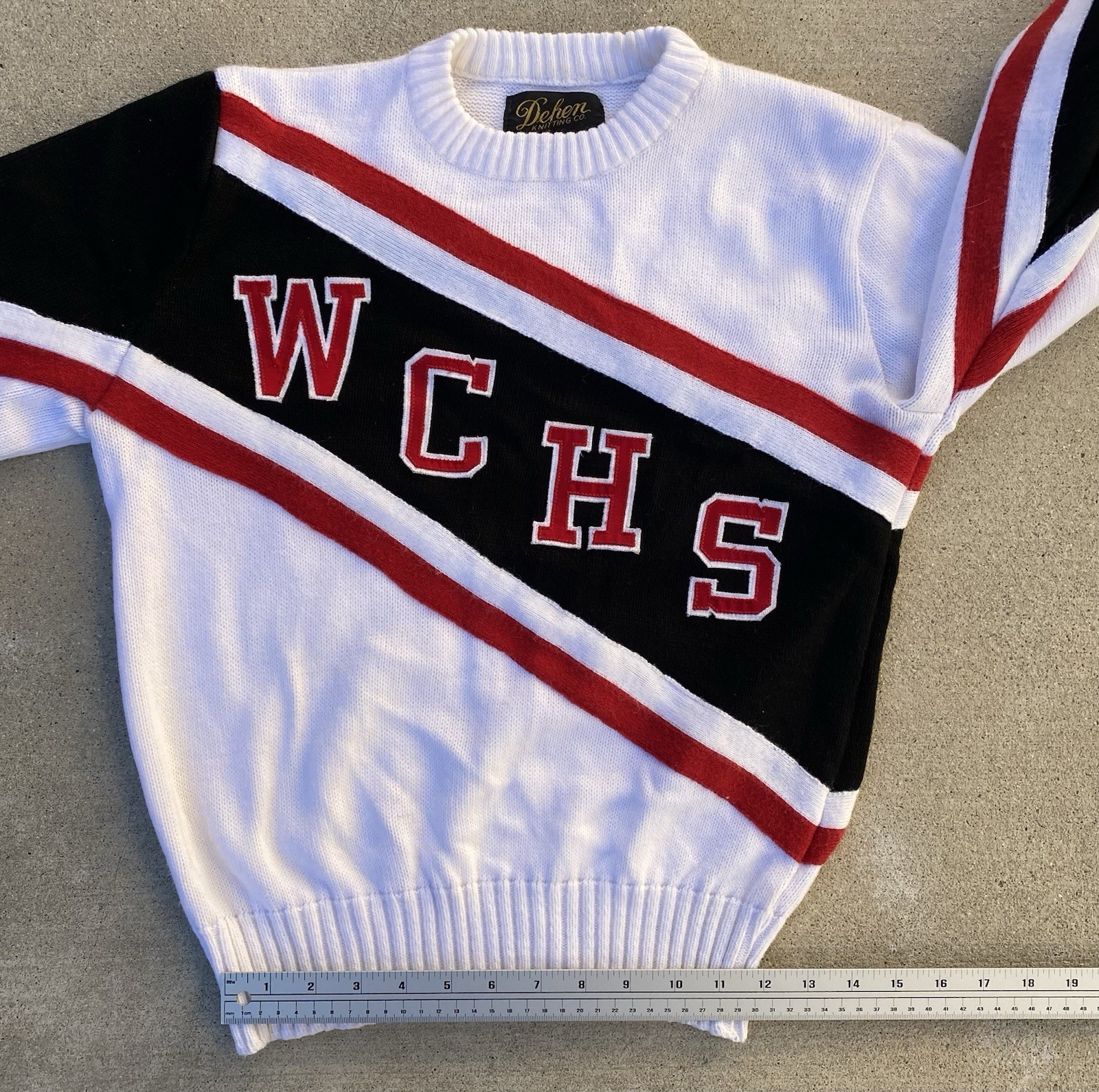Vintage 80s Dehen Cheerleader Sweater WCHS White Black Red Acrylic Knit Size M