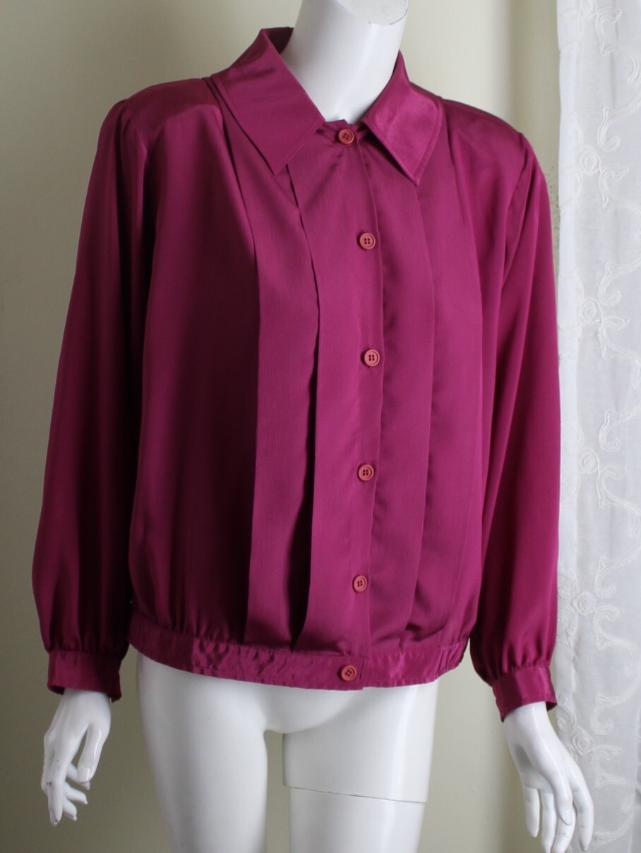 Halston III Vintage Sz 14 Polyester Magenta Pleated Blouse with Scarf Tie
