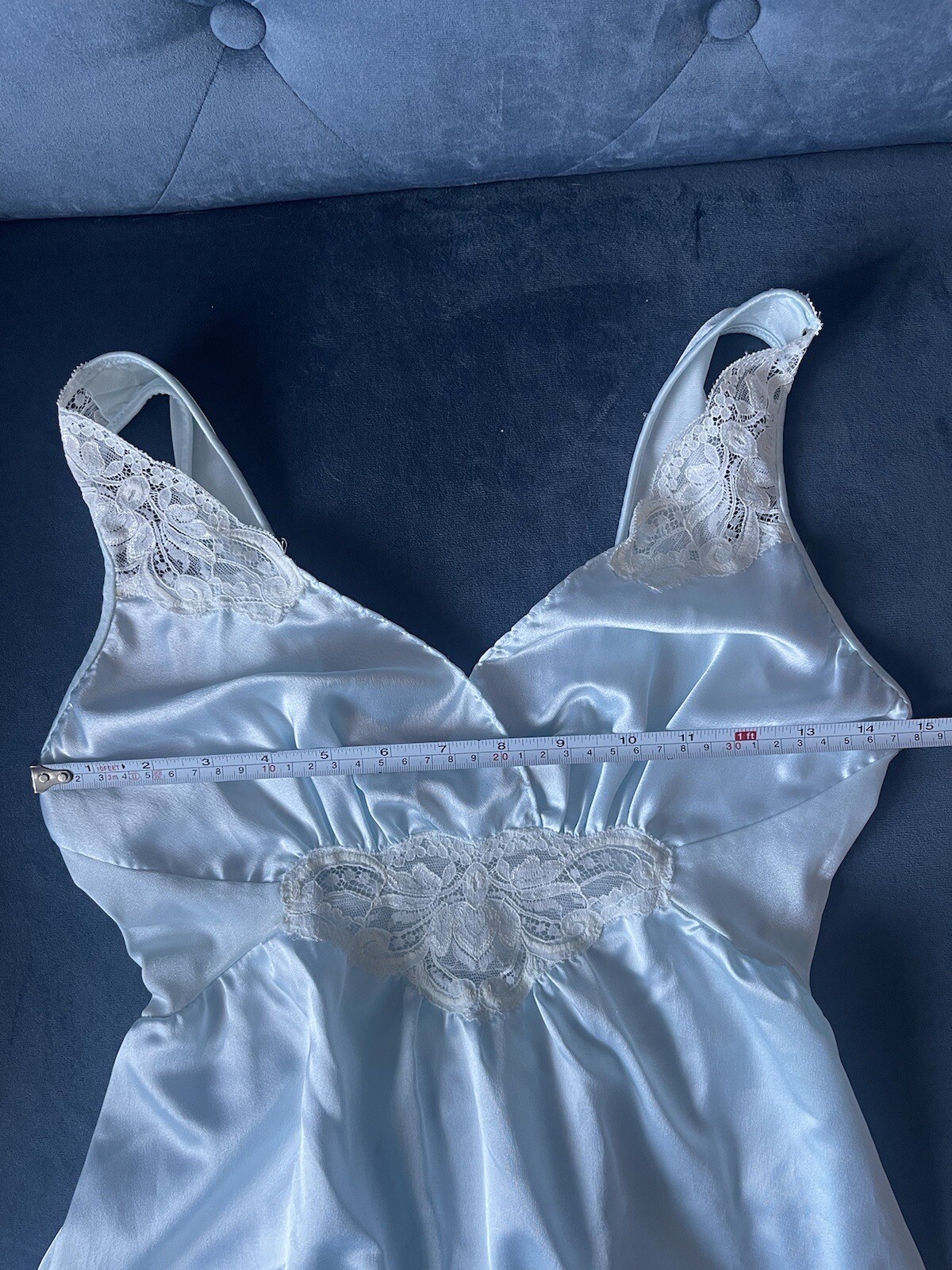 VTG Olga Designer Collection Gold Label Nightgown S Gown Satin Lace Blue 92195