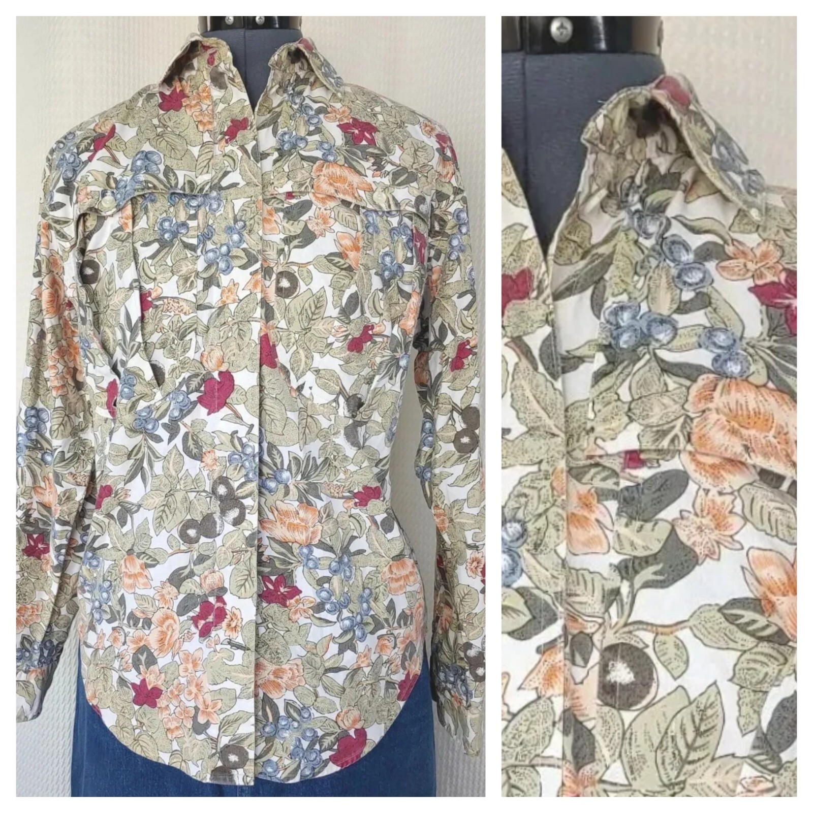 Vintage Outback Red Oversized Button Down Top w Berry & Flower Pattern Size XS