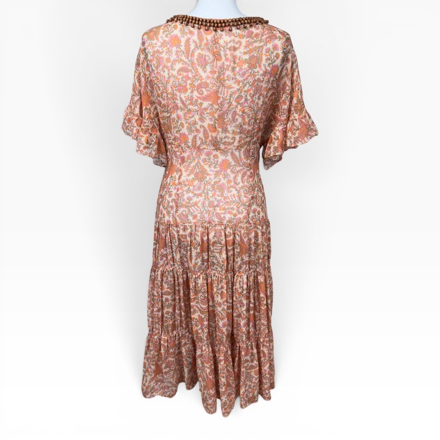 Vintage Sheer Silk Paisley Midi Dress Orange Pink Beaded V-Neck Tiered Ruffle