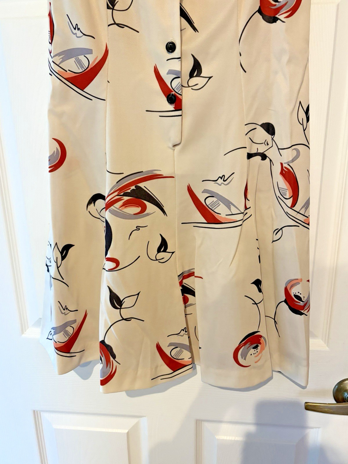 Vintage 1960s Beige Knit Abstract Pleated Shirtwaist Dress Small