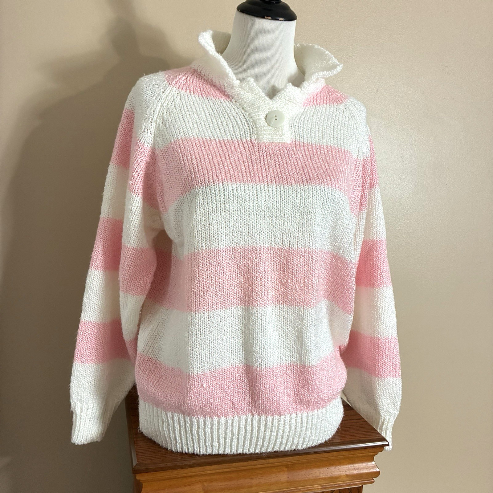 Liz Thomas Vintage Knit Sweater Sz 42/22W Pink White Chunky Stripes Collared