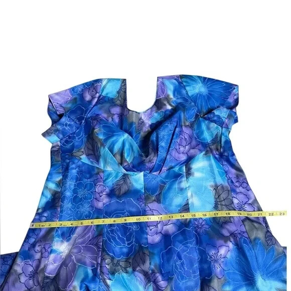 VTG 70s Sun Fashions of Hawaii Floral Muumuu Dress Blue Purple Maxi Aloha Gown