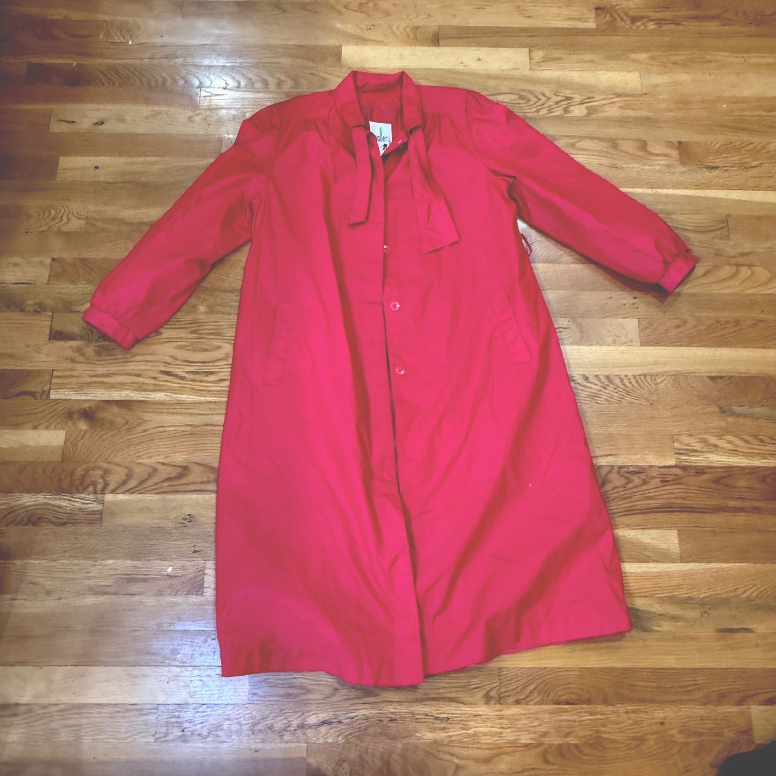 Vintage J. Gallery Red Trench Coat Tie Neck Button Front Duster Jacket Size 10