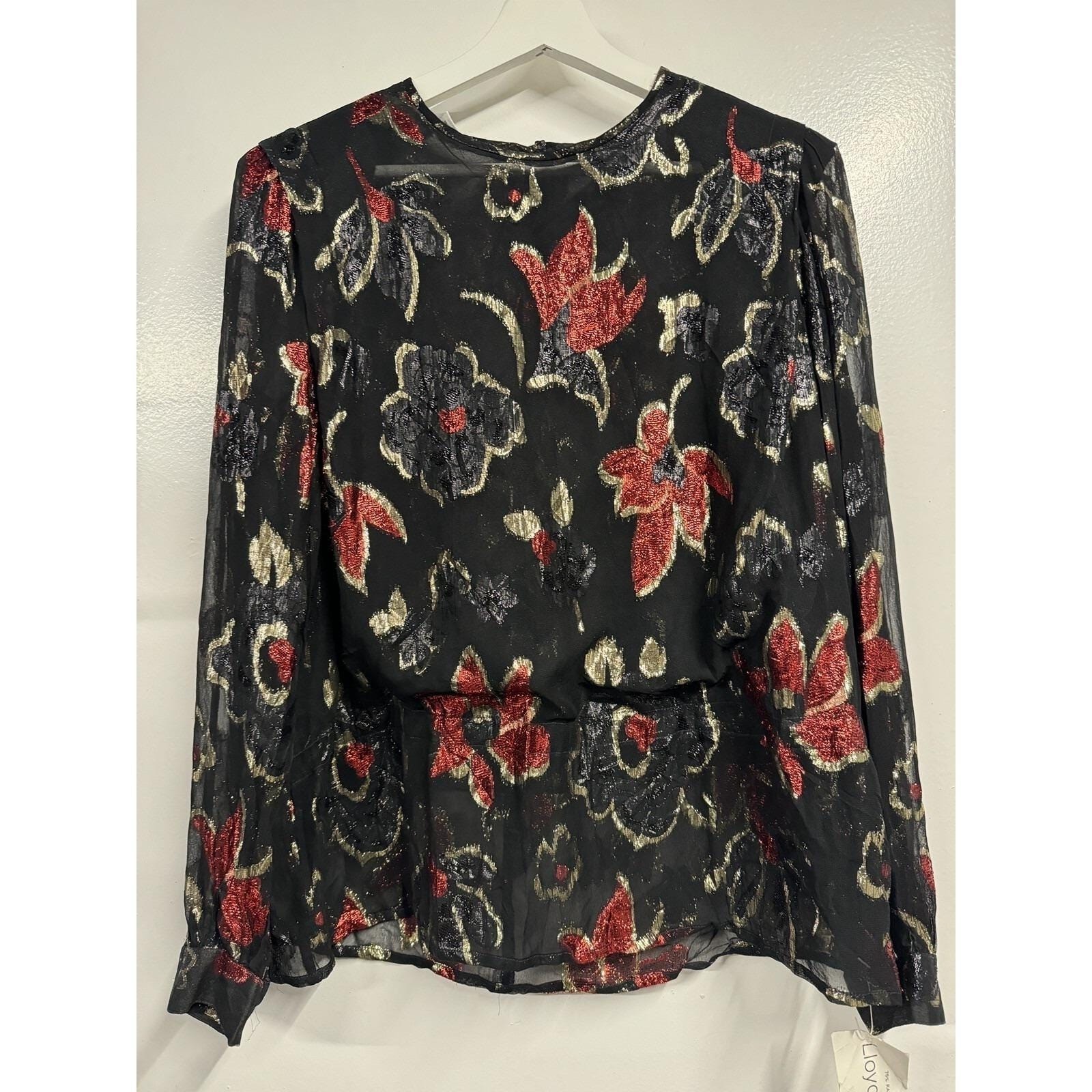 Lamé Metallic Blouse 80s Disco Lloyd Williams Red gold black Floral Top 14 New