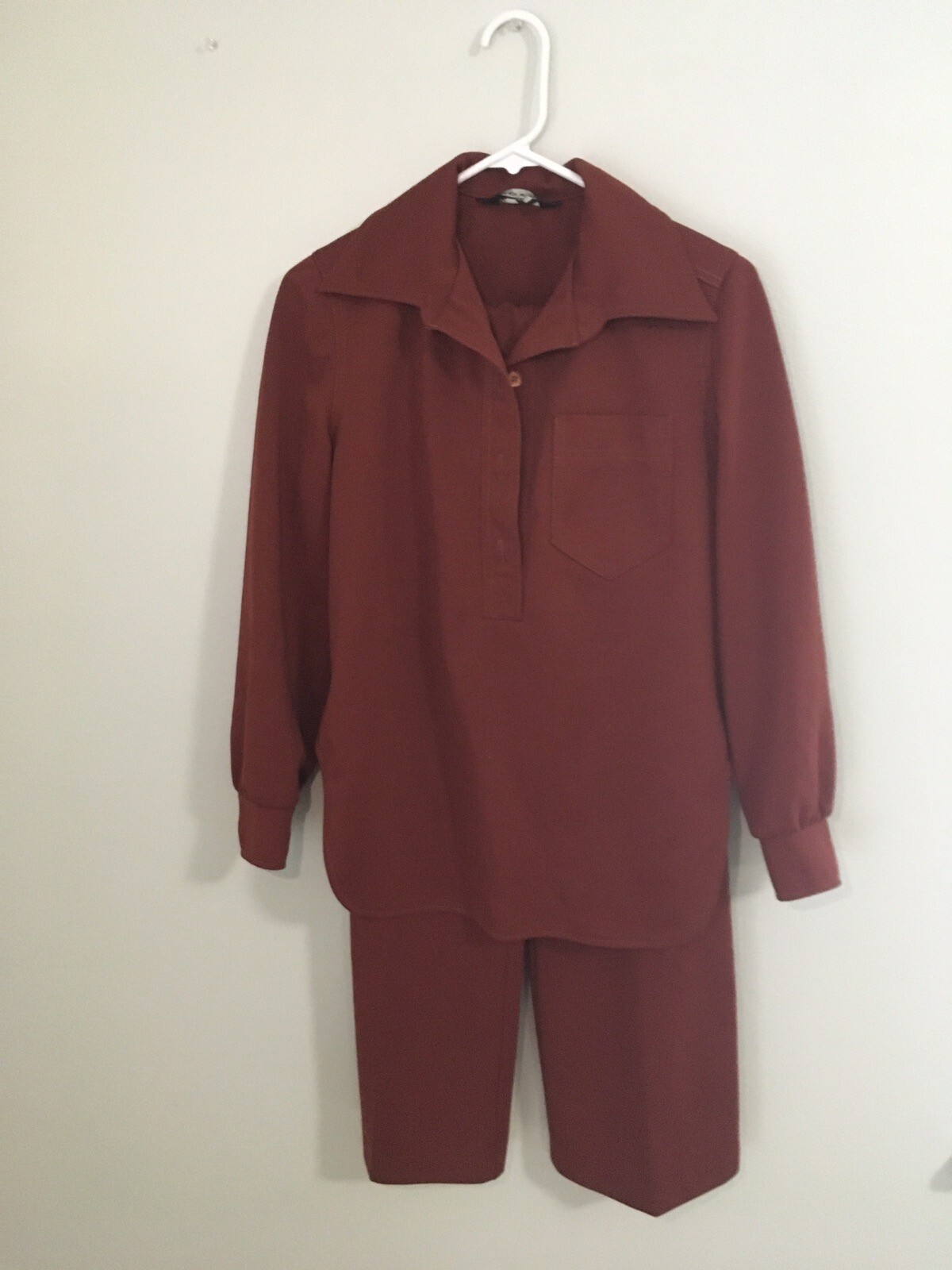 VIntage 70s Two Piece Leisure Suit Pant Suit Bells Wide Leg Pointy Collar Brick