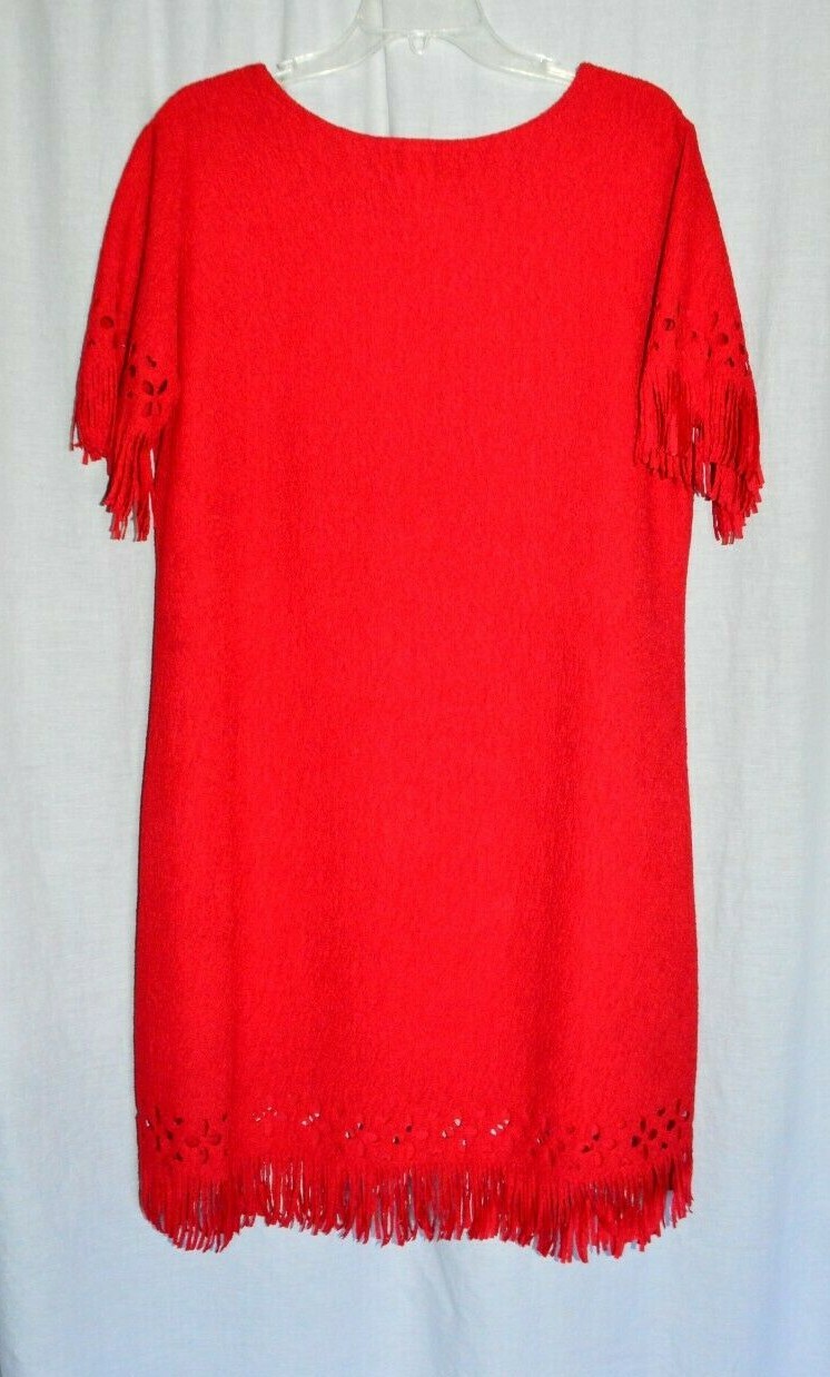 MaxiMa Red Floral Vintage Drop Waist Dress Large Fringe Open Cut Polyester USA