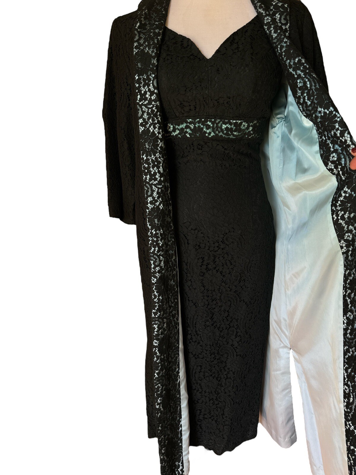Vtg 50/60’s Two Piece Black Robins Egg Blue Lace Dress Long Coat Sz 4/6 (?) 28”