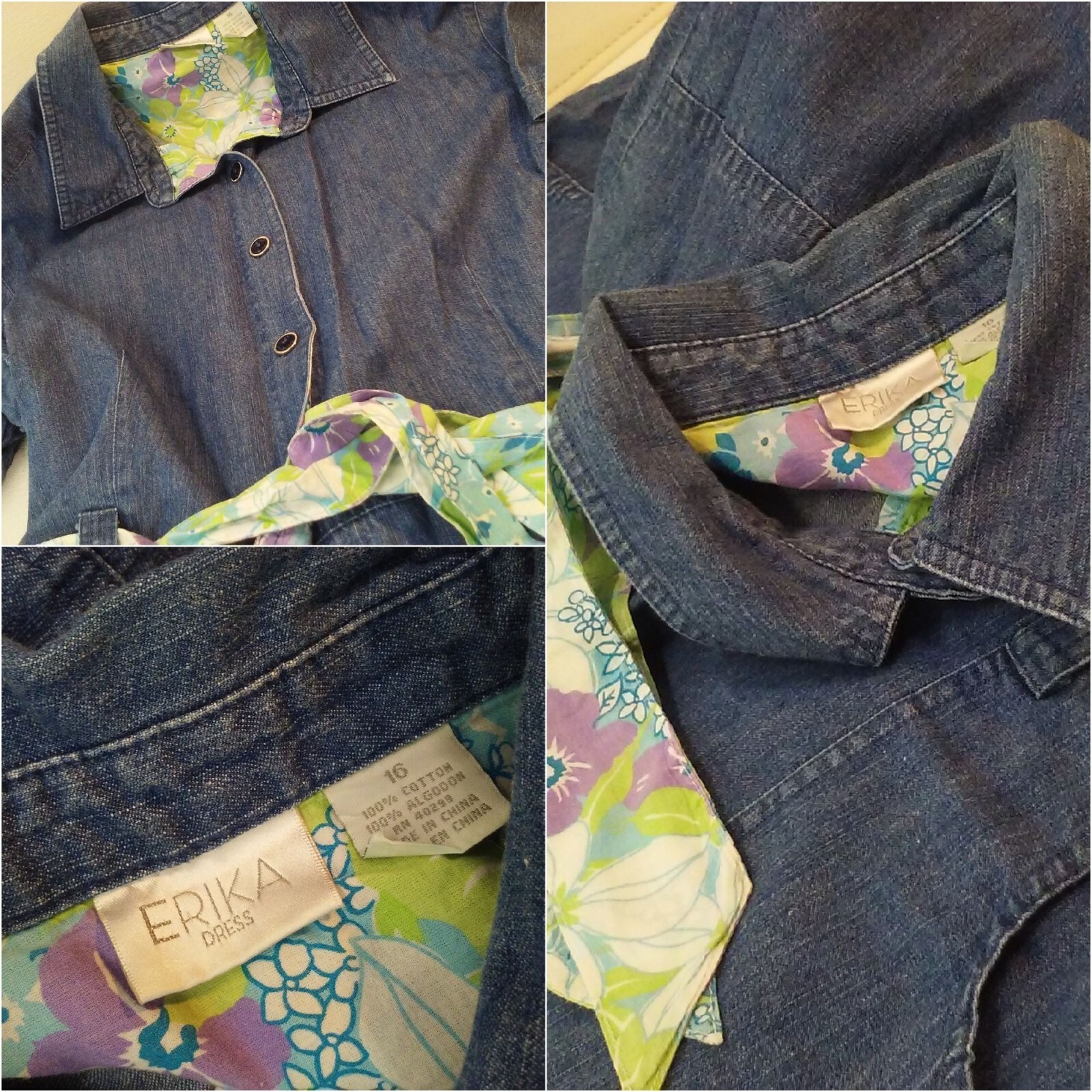 Vintage 90s Erika Denim Button-Front Shirt Dress XL(16) Pockets SSL Floral Belt