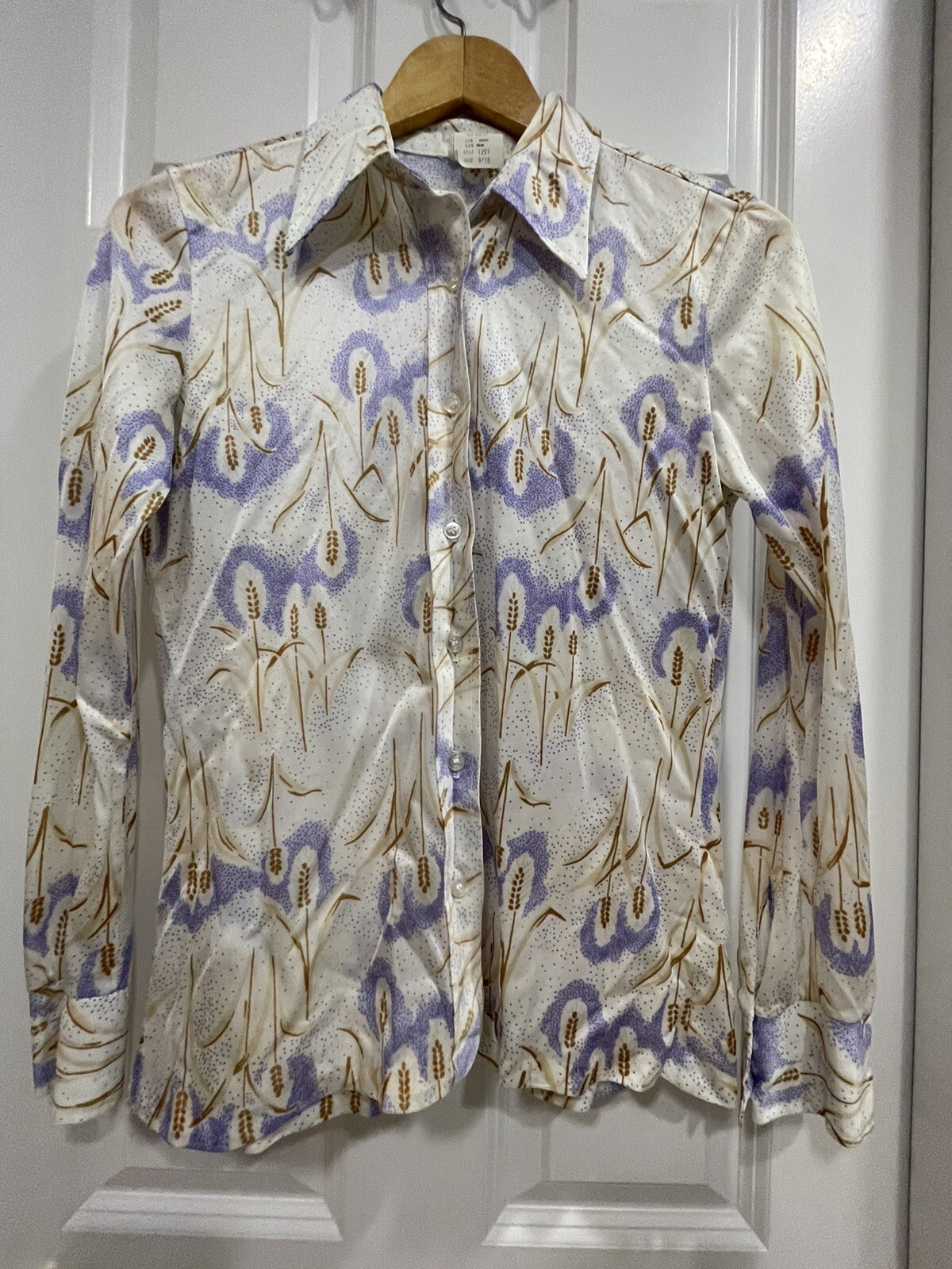 Vtg Donkenny Blouse 60s 70s Mod Boho Hippie White Purple Wheat Sz 9 10