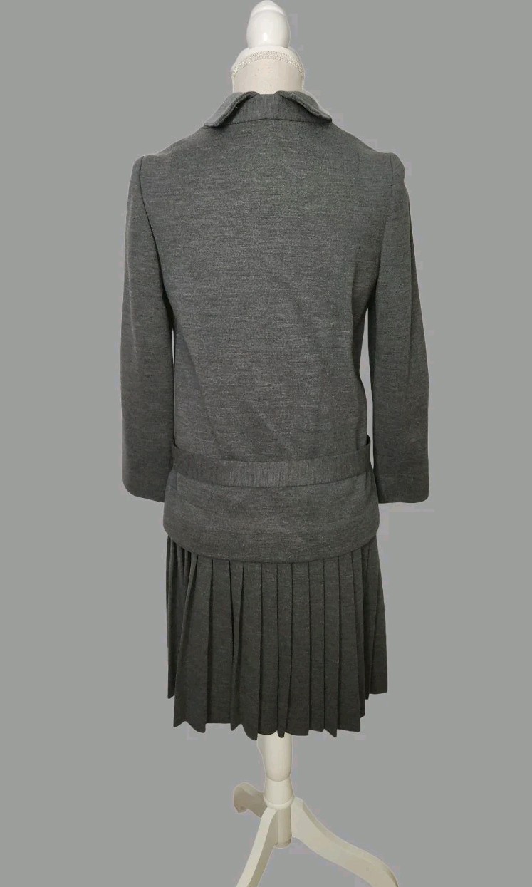 Vintage 60s Carlye Two Piece Pleated Dress Jacket Set Gray ILGWU