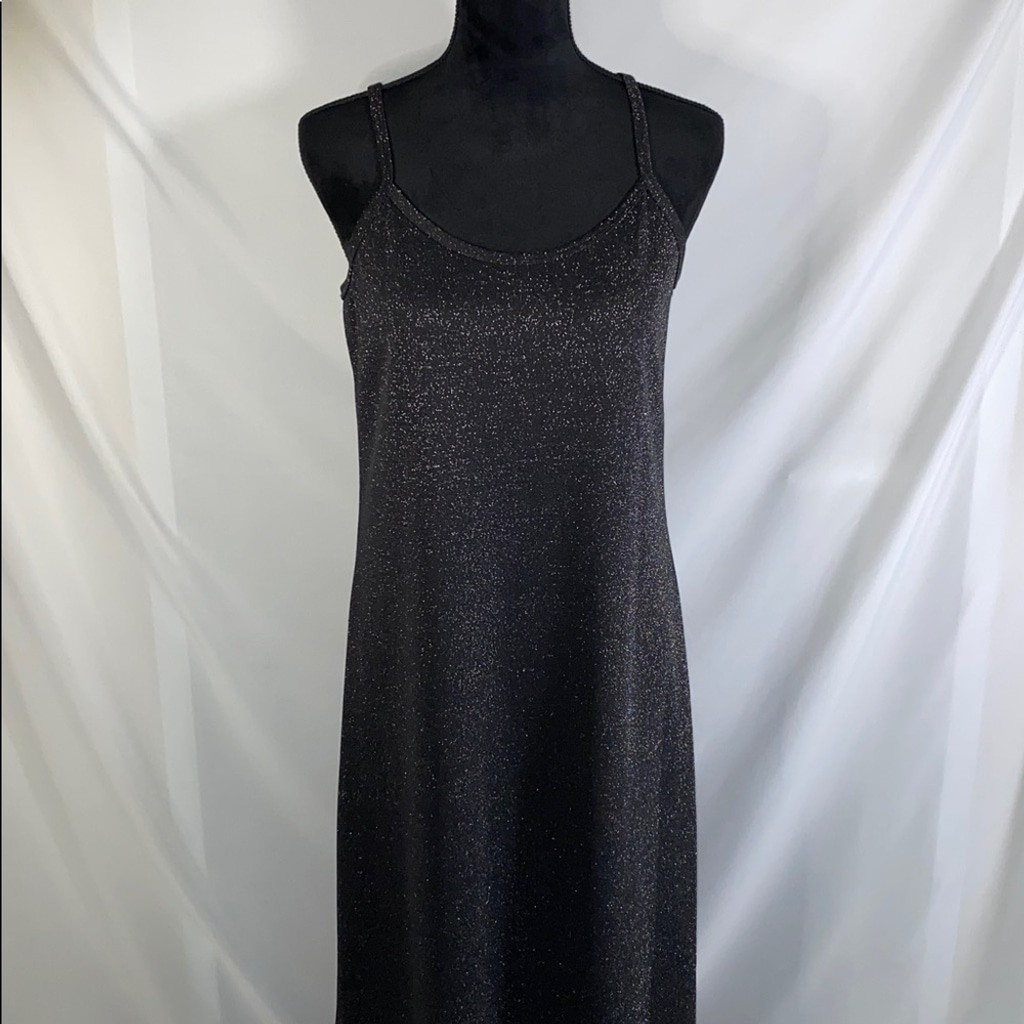 Vintage Land N Sea Black Metallic Lurex Shimmer Maxi Dress Slip Size S