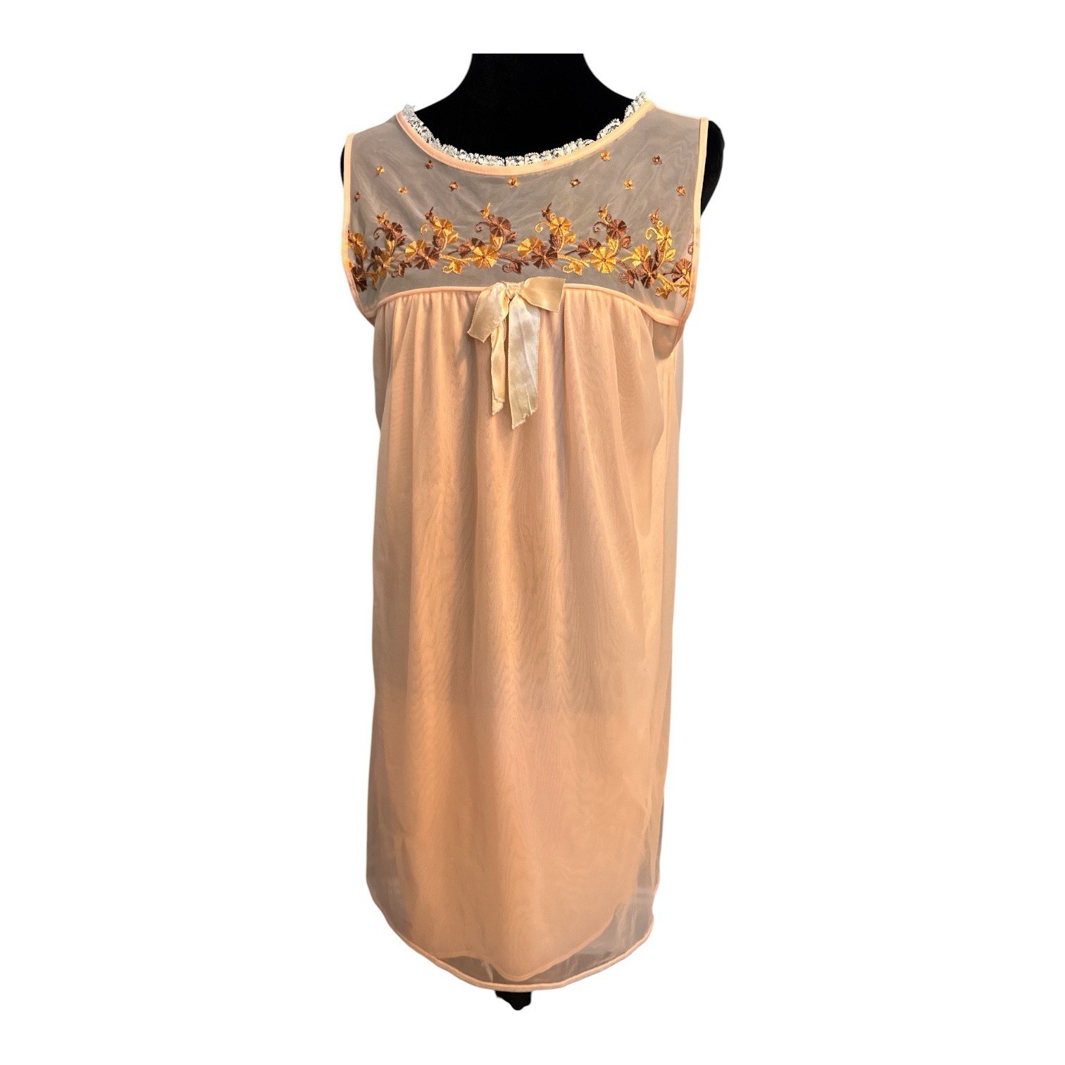 Vintage Durelle Peach Chiffon Nightgown Embroidered Floral Lace Regencycore