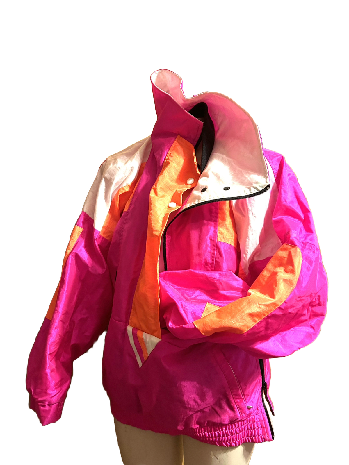 Y2k Neon Pink Jacket Colorblock Windbreaker Pullover L Sunbuster Ski Nylon 1980s
