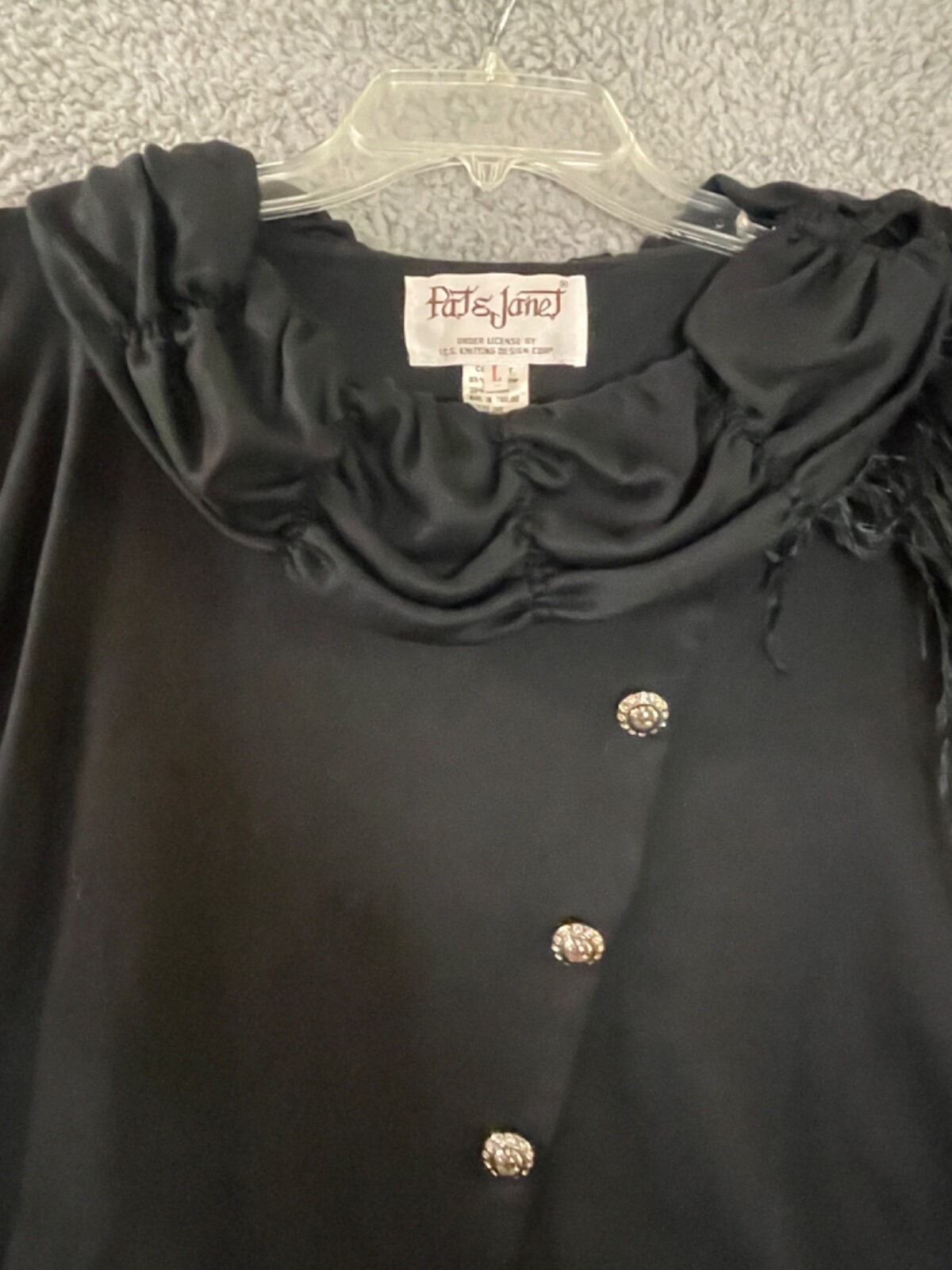 VTG Pat & Janet Top Womens L Black Pullover RS Ostrich Feathers Glitzy Dazzling