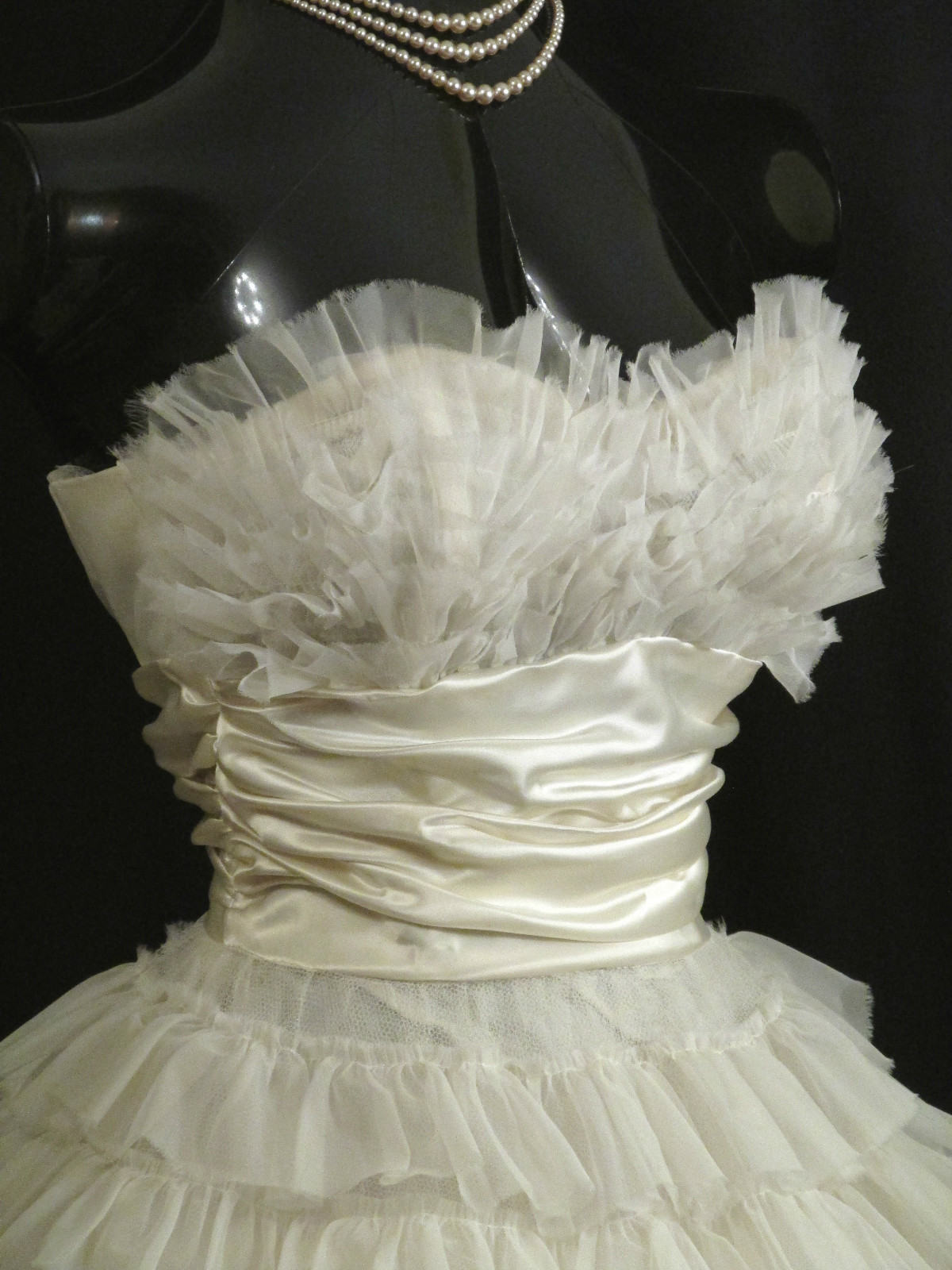 Vintage 1950’s 50s STRAPLESS White Chiffon Taffeta Prom Party Wedding Dress Gown