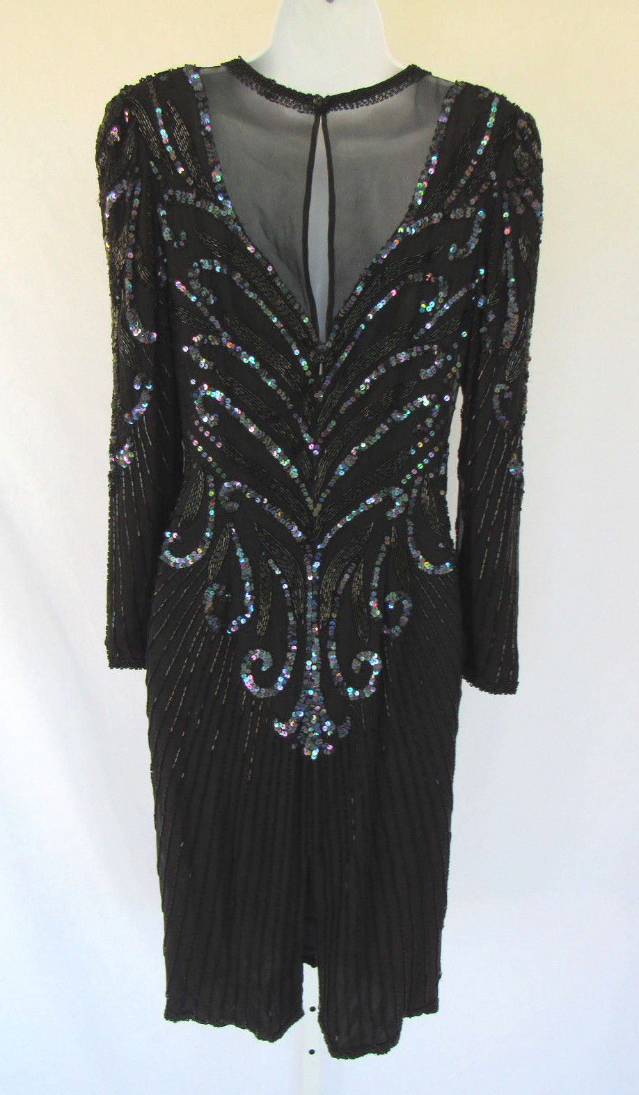 VTG A.J. BARI BLACK SILK SEQUIN BEADED DRESS SIZE 8 RAYON INNER LINING