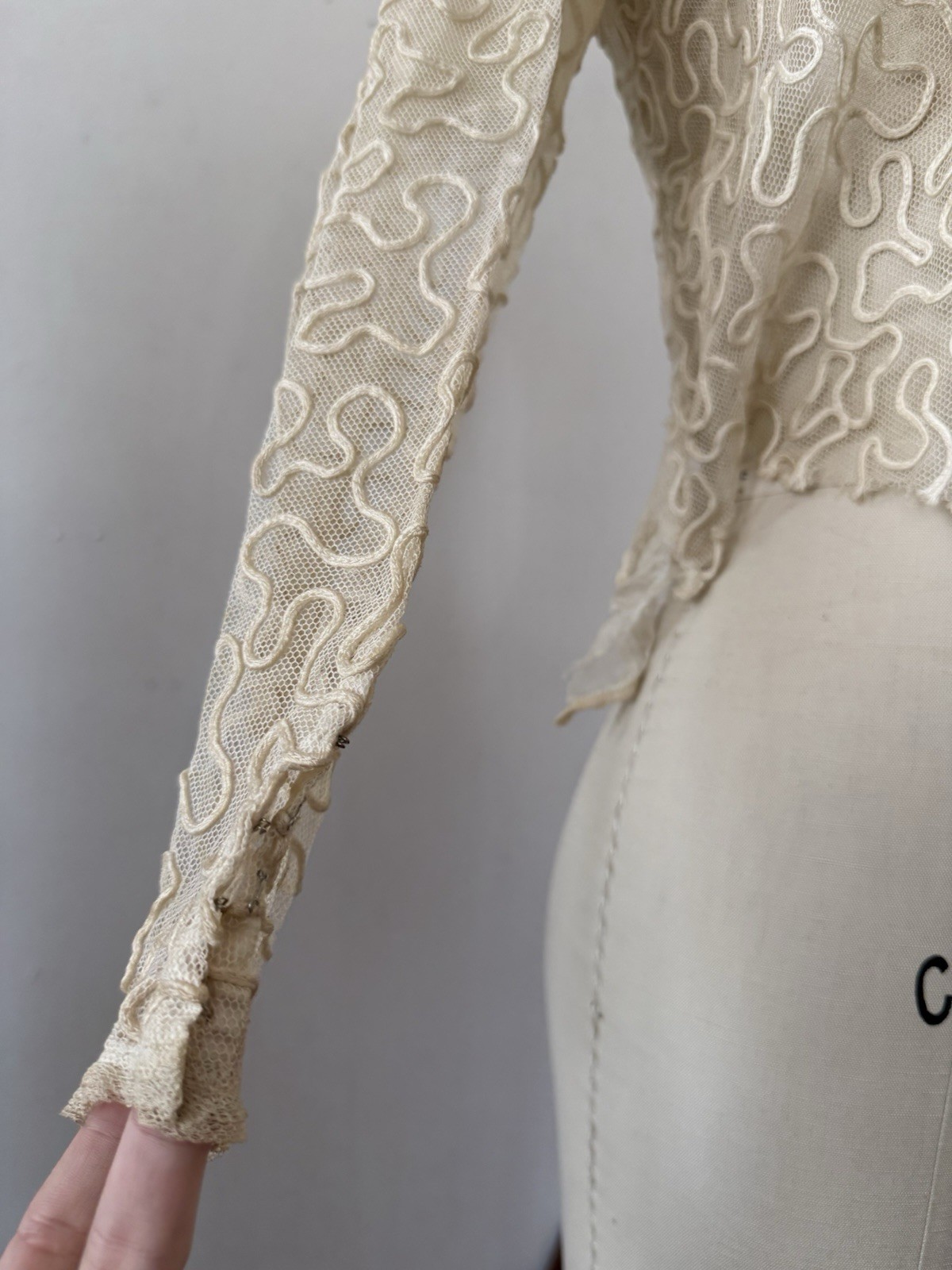 Antique Sheer Net Lace Blouse Top Cord Soutache Embroidery Art Nouveau Bridal XS