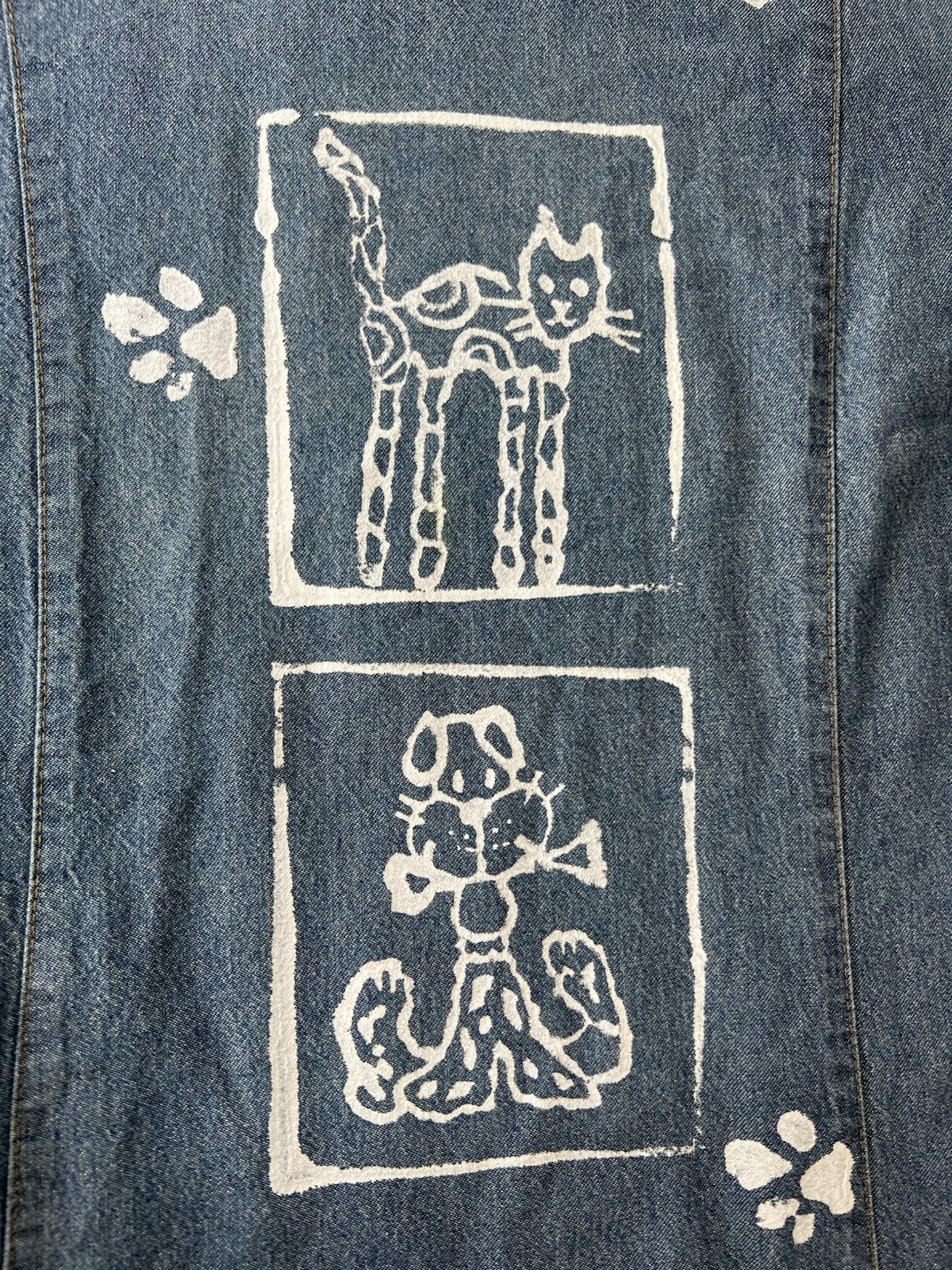 Vintage 80s Denim Maxi Dress Cat Dog Print Donna USA Med Folk Art Quirky Modest